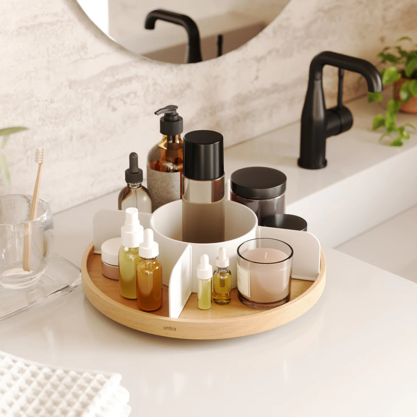 Bellwood 12-Inch Lazy Susan Turntable with 4 Divider Sections - White/Natural Wooden Rotating Serving Tray for Dining Table, Kitchen Countertop, or Pantry Organization