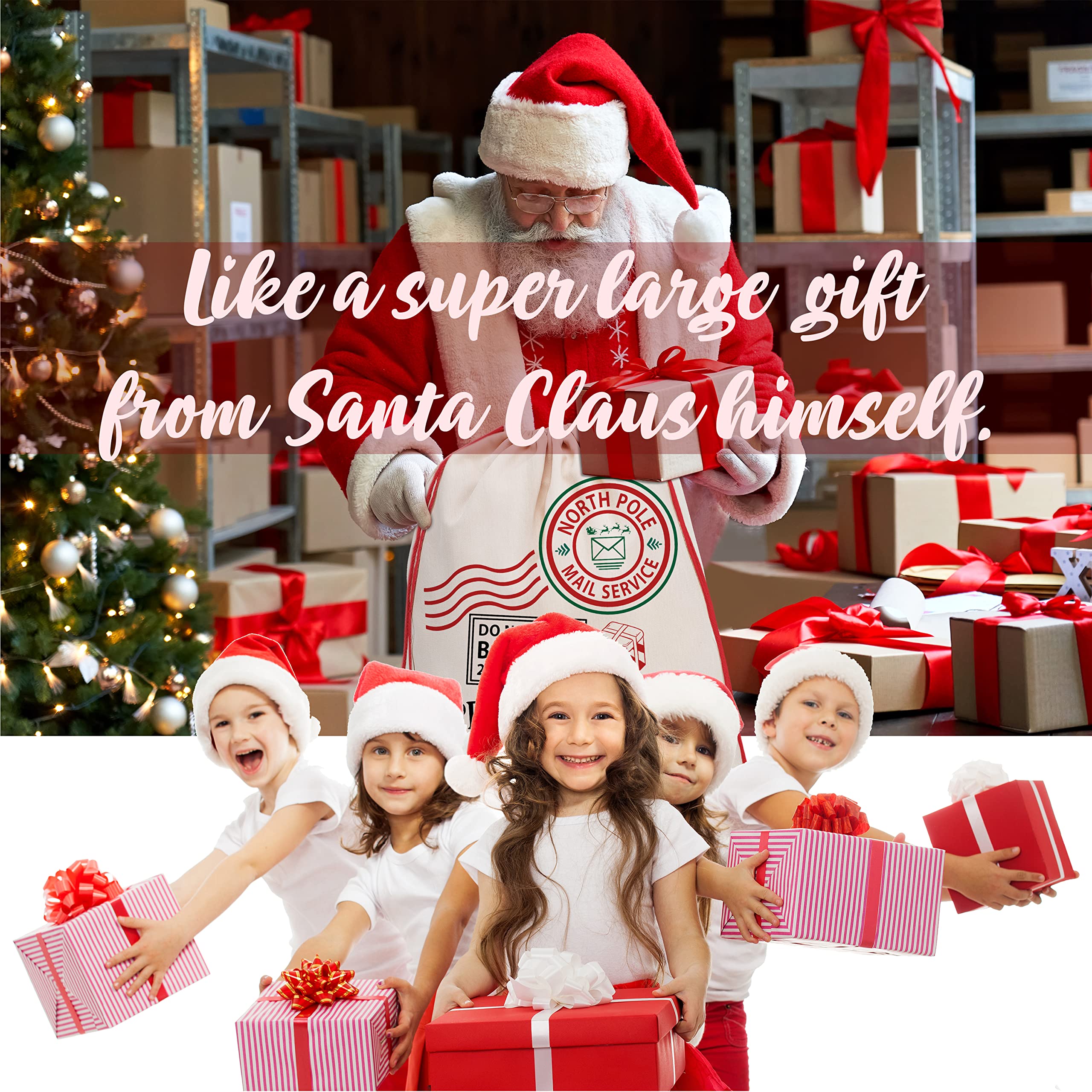 Personalized Santa Sack Gift Set of 5 - Custom Christmas Stocking with Name - 9 Festive Design Options - Large 27.6