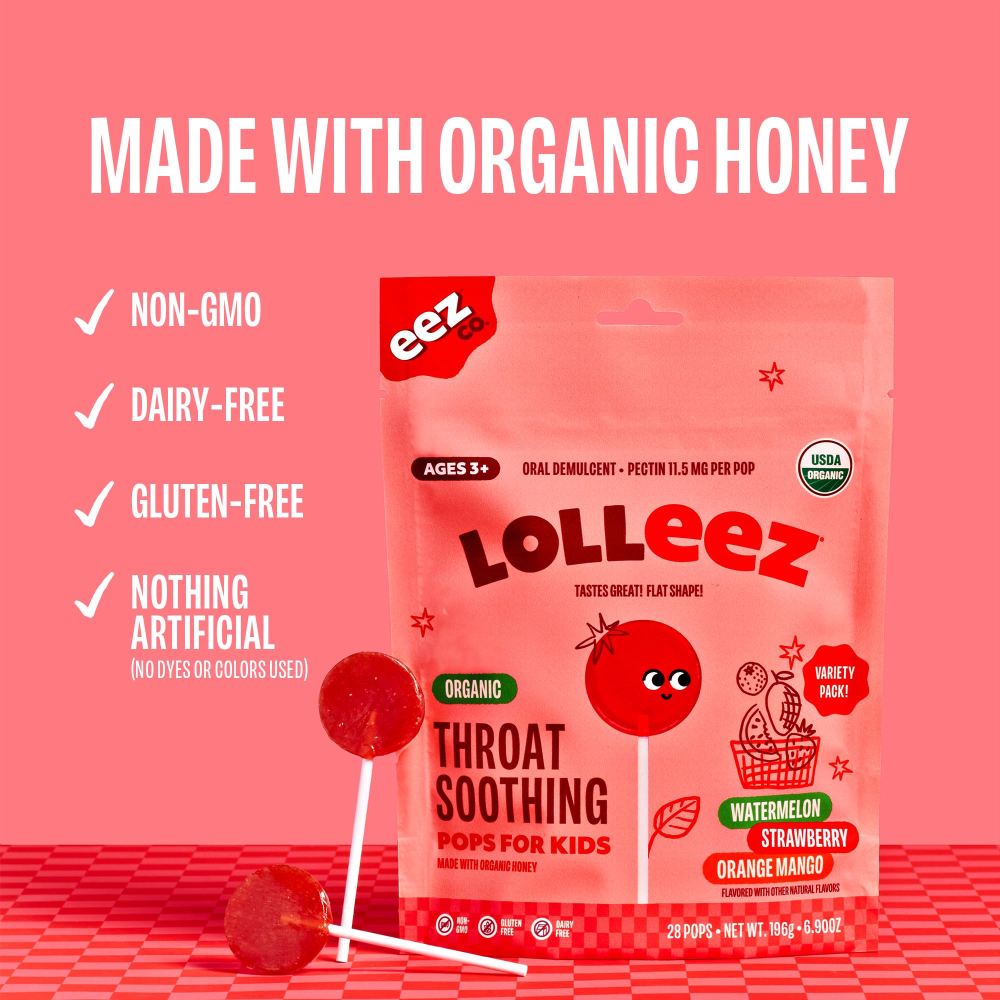 Organic Lollipops for Kids - Natural Sore Throat Relief with Strawberry, Watermelon & Orange Mango Flavors (28 Count) | Soothing Candy for Children's Cough, Cold & Throat Discomfort | Perfect for School, Travel & Home Use
