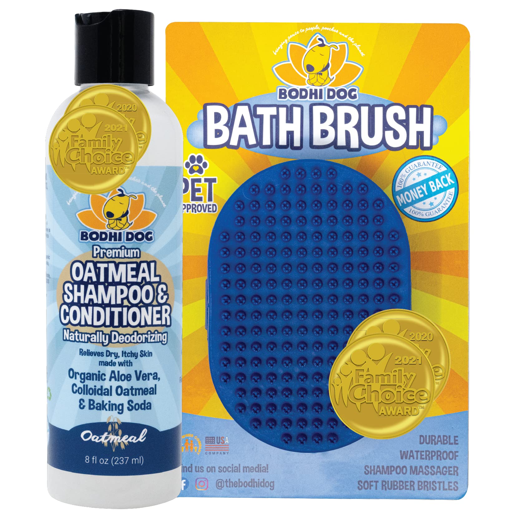 Bodhi Dog Grooming Shampoo Brush Set with Oatmeal Shampoo 8oz - Gentle Massaging Brush & Hypoallergenic Shampoo for Bathing, Shedding Control & Skin Care - Perfect for Dogs & Puppies