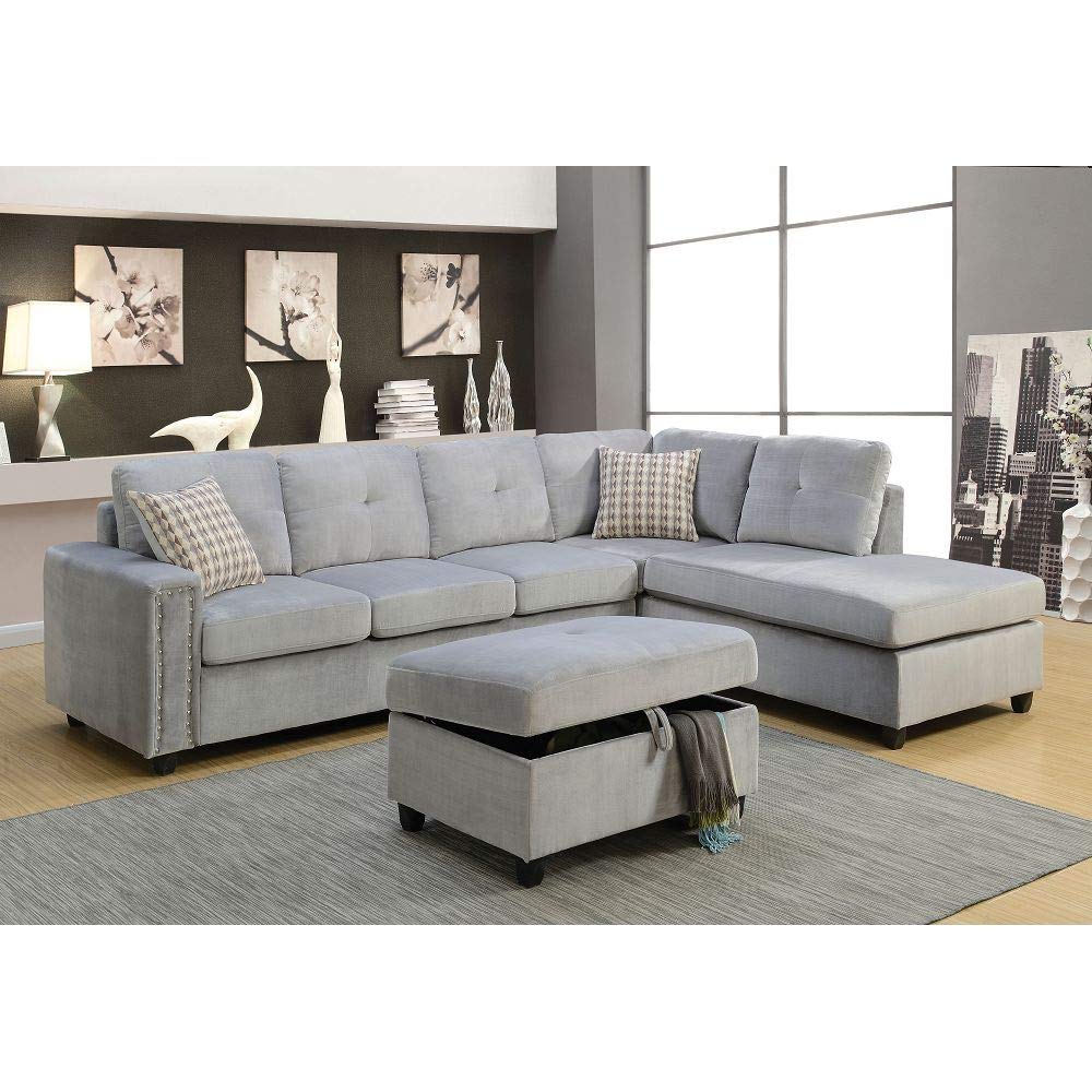 Takefuns Gray Velvet Sectional Sofa with Pillows for Living Room