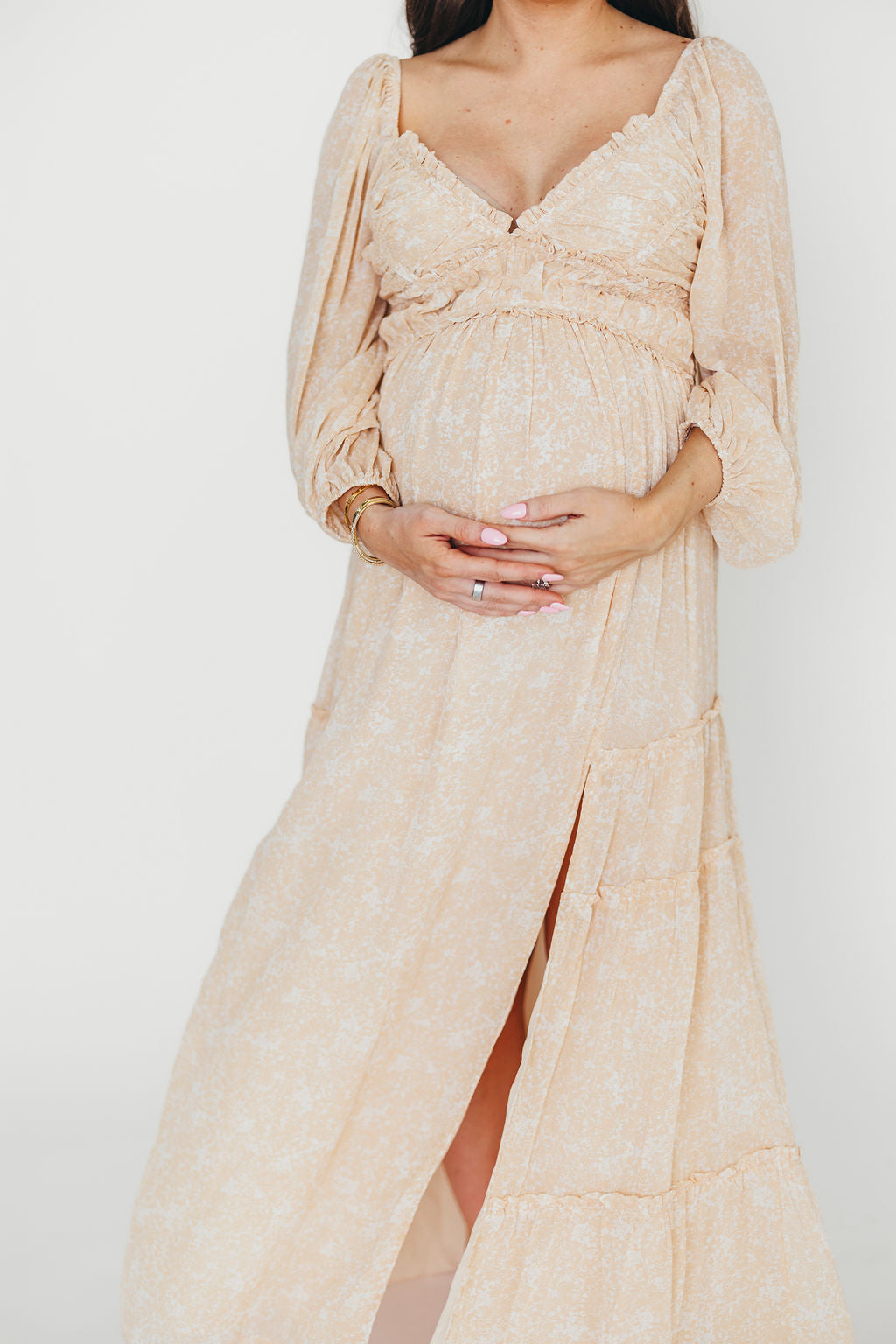 Daphne Long Sleeve Maxi Dress - Light Beige/White Floral Print | Bump Friendly Maternity & Inclusive Sizing (XS-3XL) | Perfect for Pregnancy, Weddings & Special Occasions