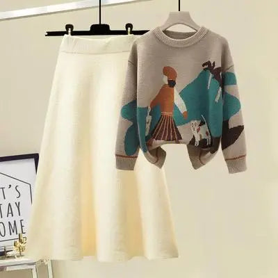 Women's Autumn Winter Knitted Sweater & High Waist A-Line Skirt 2-Piece Set - Cozy Long Sleeve Pullover & Flattering Skirt Outfit for Casual Wear, Office, and Date Nights