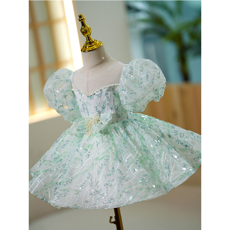 Sparkling Mint Green Sequin Flower Girl Dress with Puff Sleeves - Perfect for Weddings, Pageants & Special Occasions
