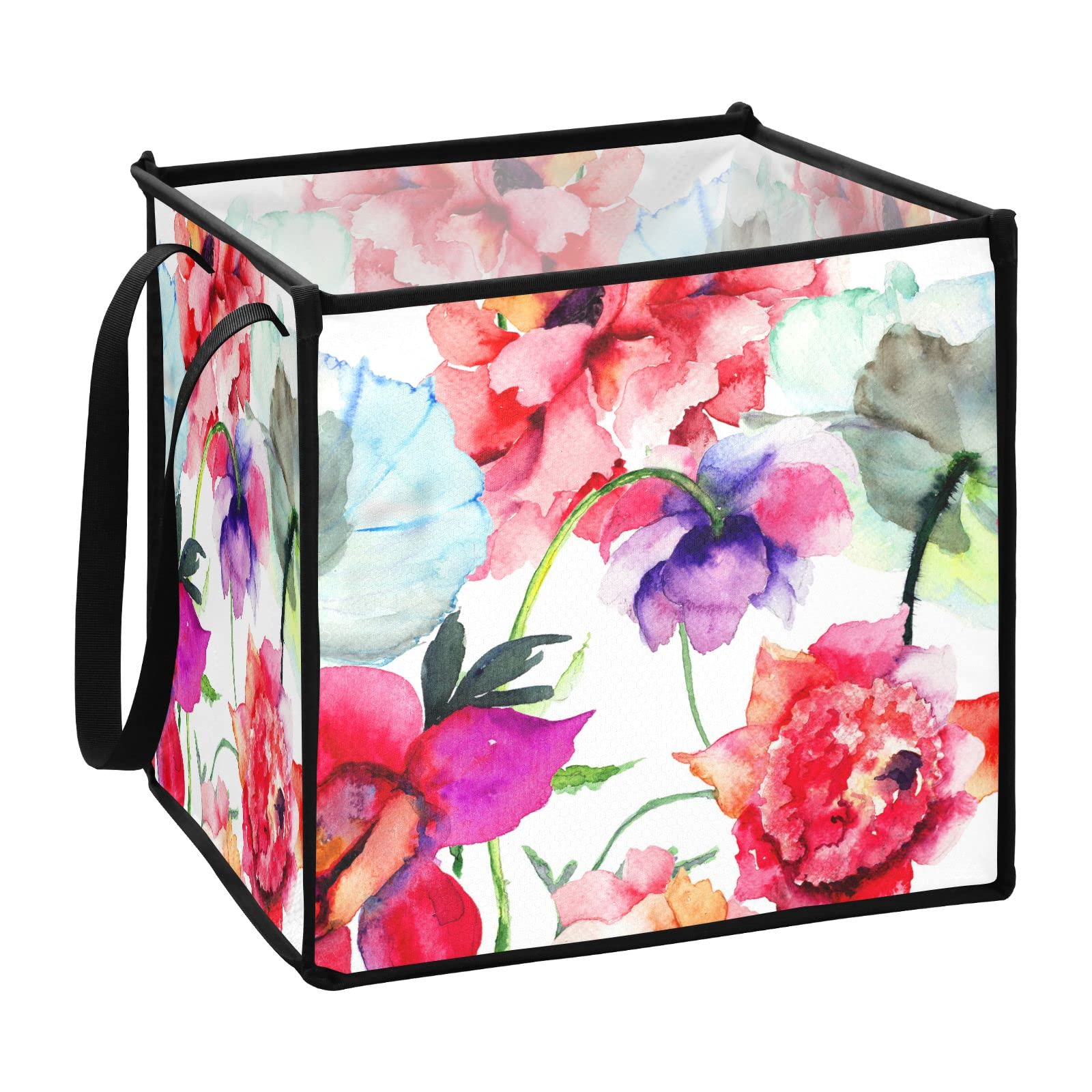 Peony Pink & Red Floral Watercolor Collapsible Storage Bins - 13x13x13 Inch Square Fabric Cube Organizer with Handles for Toys, Nursery, Shelves & Closet - Perfect for Home Organization, Kids Room Decor & Gift Storage