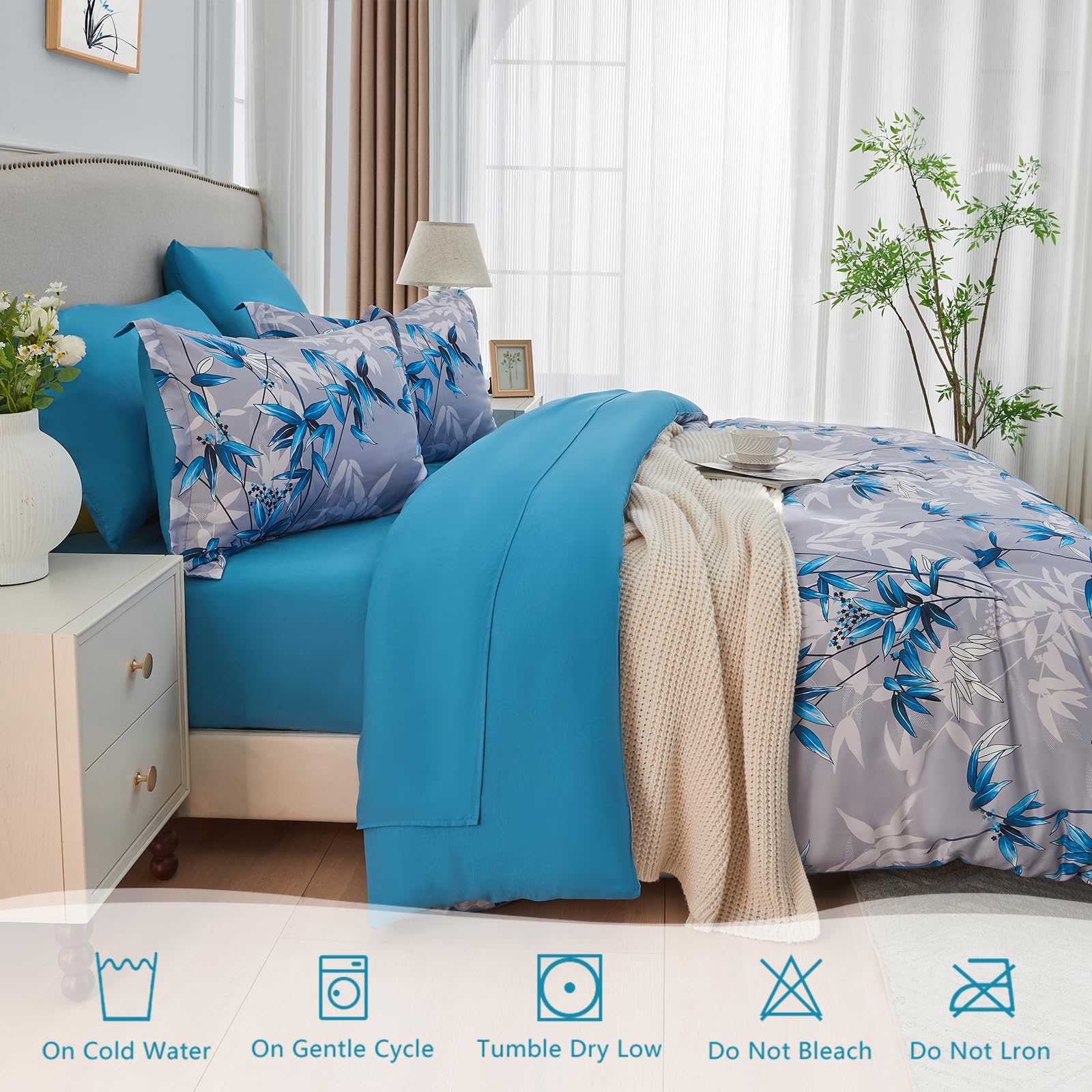 Premium 7-Piece Queen Comforter Set - Soft Lightweight Botanical Leaf Pattern Bedding with Comforter & Sheets | All-Season Blue Bed in a Bag | Perfect for Master Bedroom, Guest Room & Dorm Decor