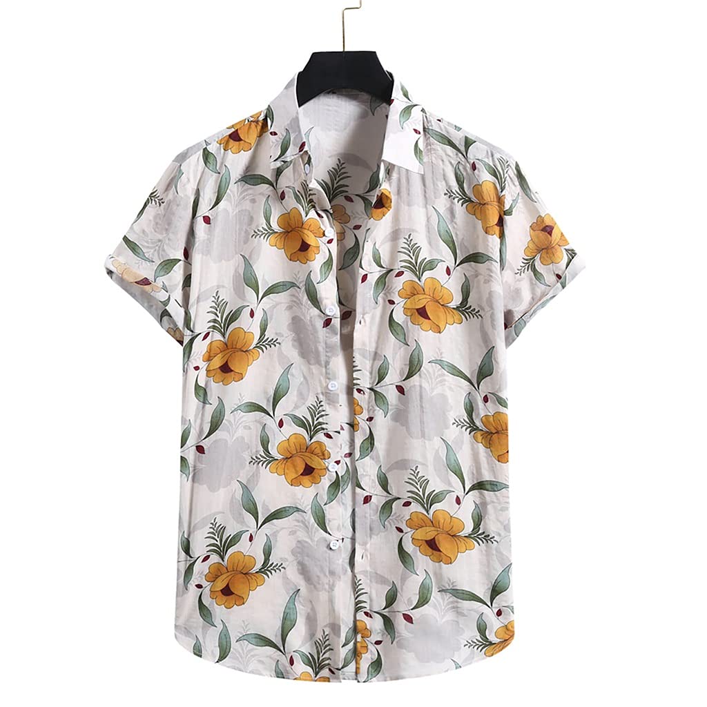 Hawaiian Print Men's Short Sleeve Shirt - Breathable Cotton Linen Button Up Top for Summer Beach Vacation & Streetwear (White, Size S) | Casual Wear, Party Outfit, Tropical Style Fashion