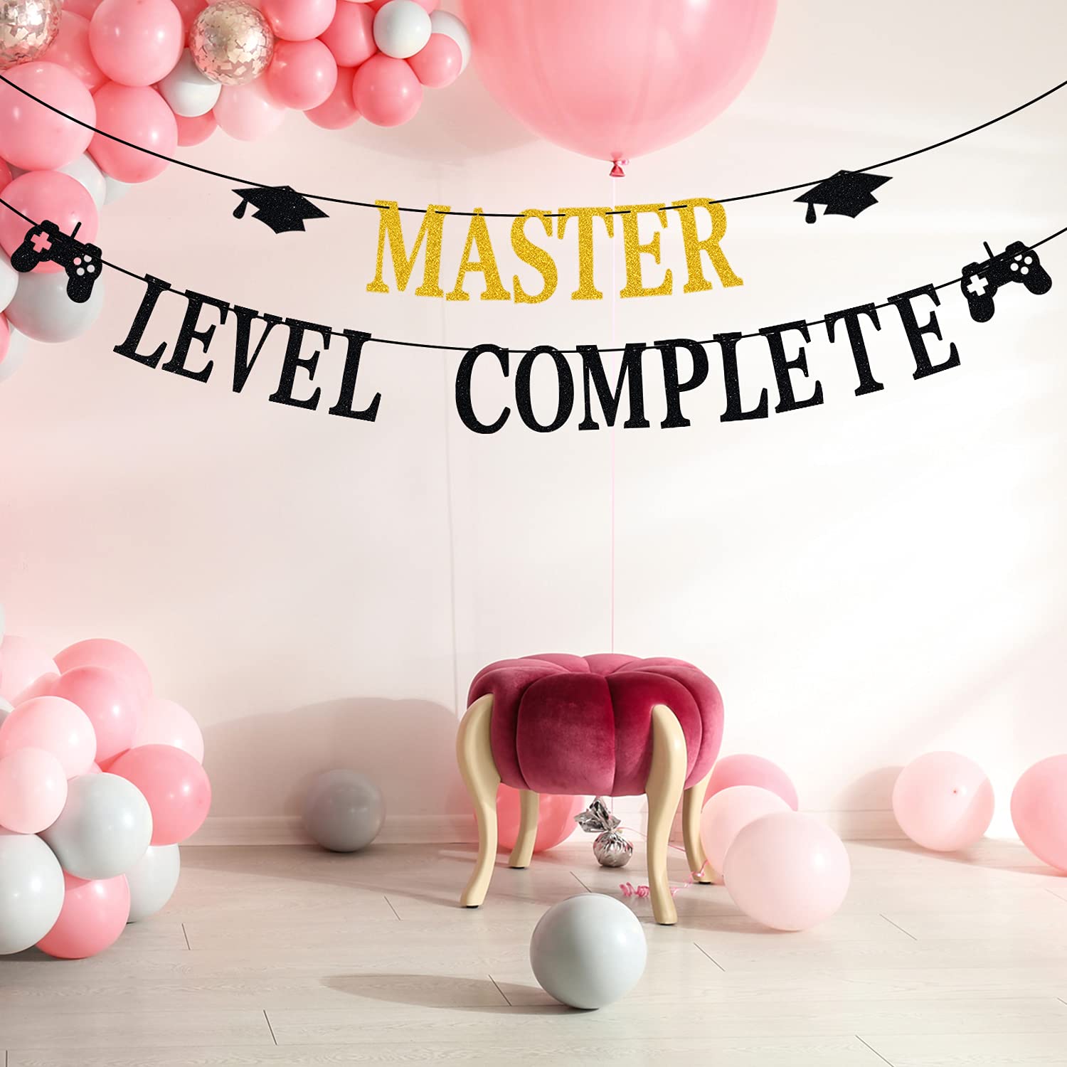 Master Level Complete Banner - Congrats Master Banner for Video Game Themed Graduation Decor | Gold Black Glitter Class of 2025 Graduation Party Supplies | Perfect for Gaming Graduation Parties, School Celebrations & Achievement Decorations