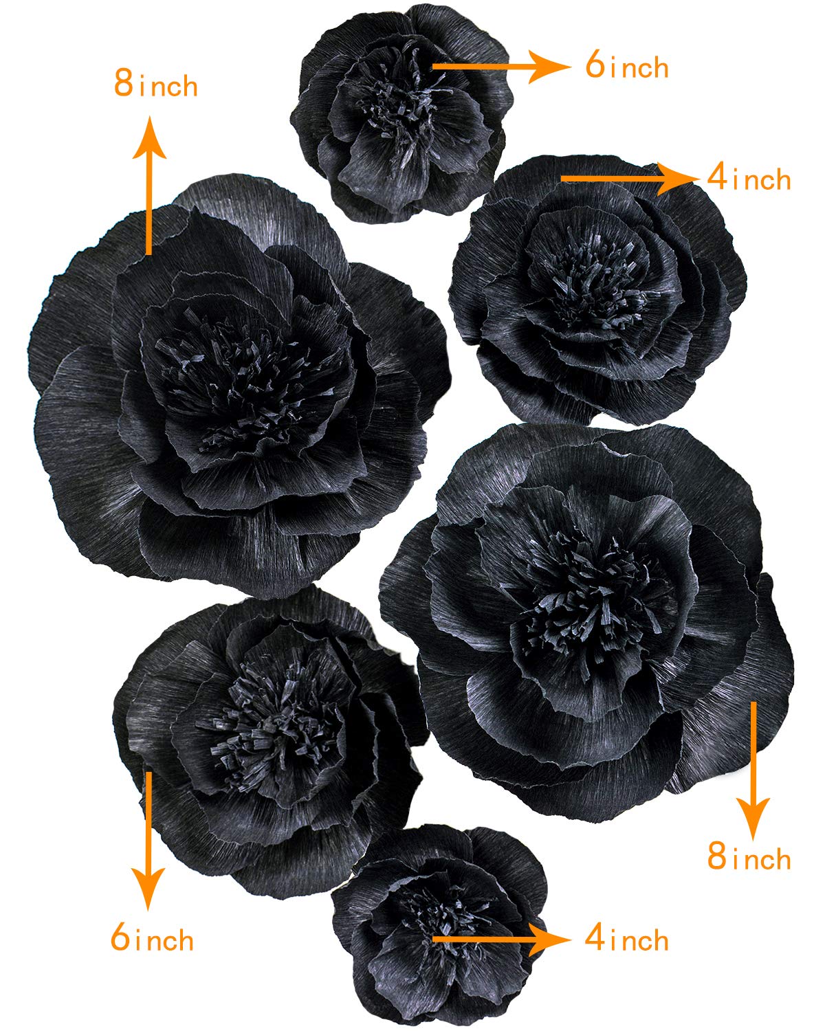 Letjolt Black Paper Flowers Wall Decor - 3D Floral Decorations for Weddings, Birthdays, Baby Showers & Bridal Showers (Set of 6) - Perfect for Home, Office & Party Decoration