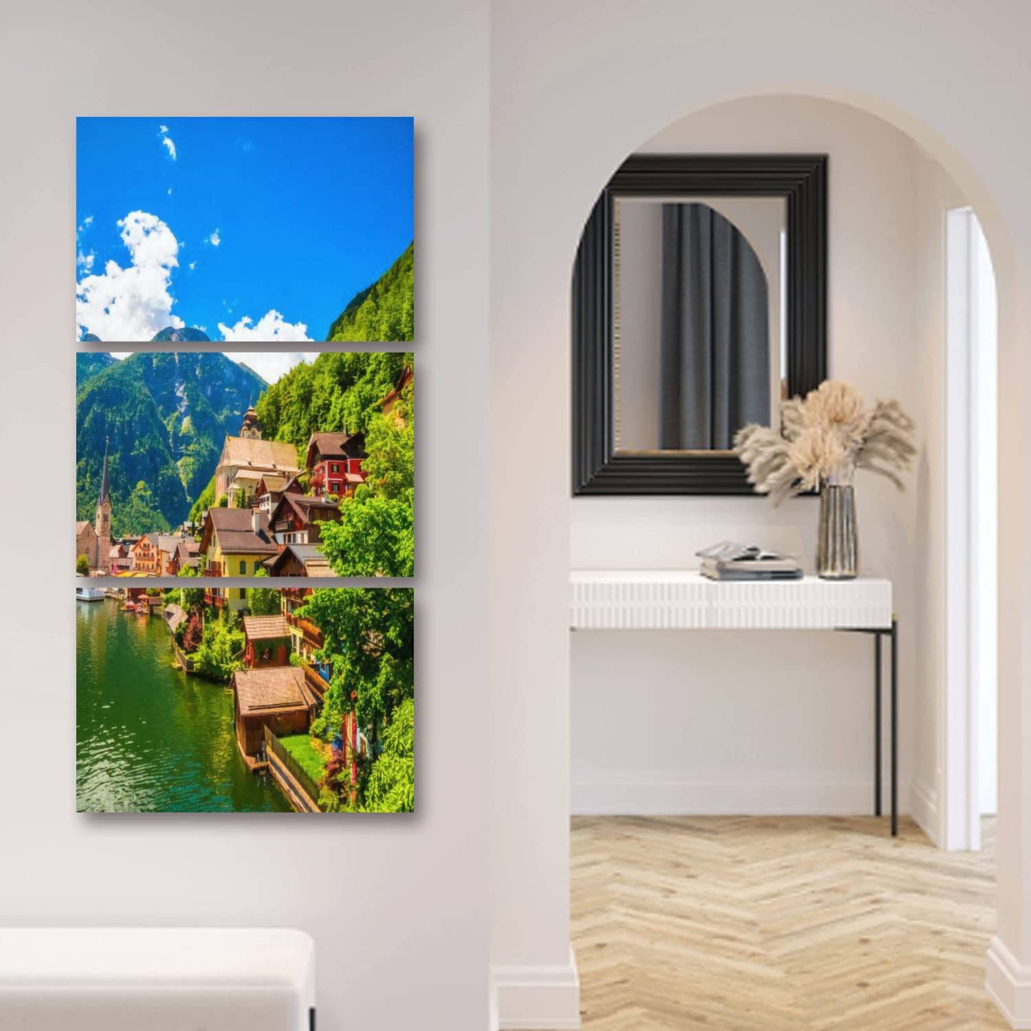 Hallstatt Village Alpine Lake Austrian Alps Canvas Wall Art - 3 Piece Set Vertical Framed Prints for Living Room, Bedroom & Bathroom Decor | Scenic European Landscape Painting for Home & Office