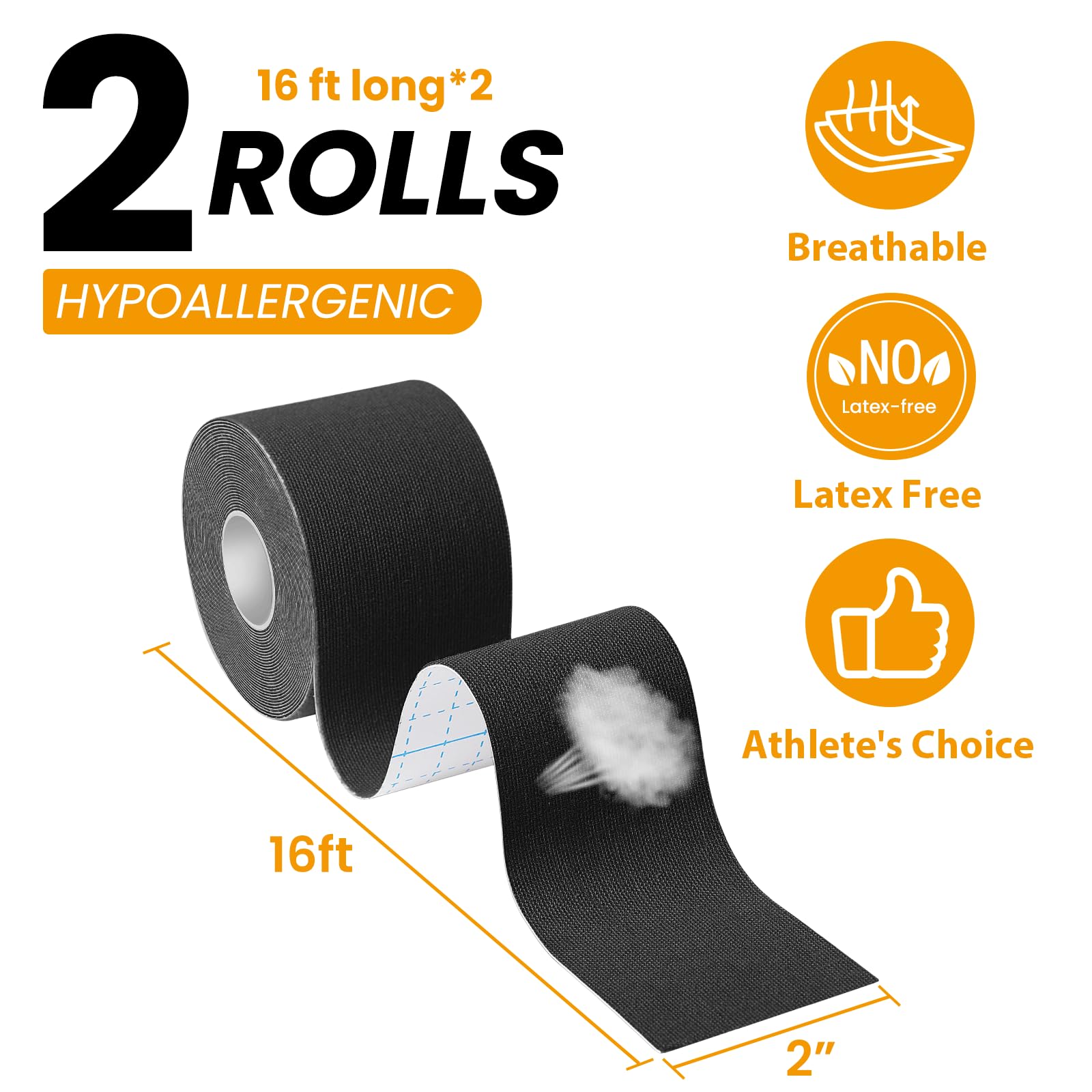 Latex-Free Kinesiology Tape (2 Rolls) - 16ft Waterproof Athletic Sports Tape for Muscle Pain Relief & Joint Support | Self-Adhesive, No Residue, Elastic & Easy Tear | Ideal for Sports Injuries, Physical Therapy & Post-Workout Recovery