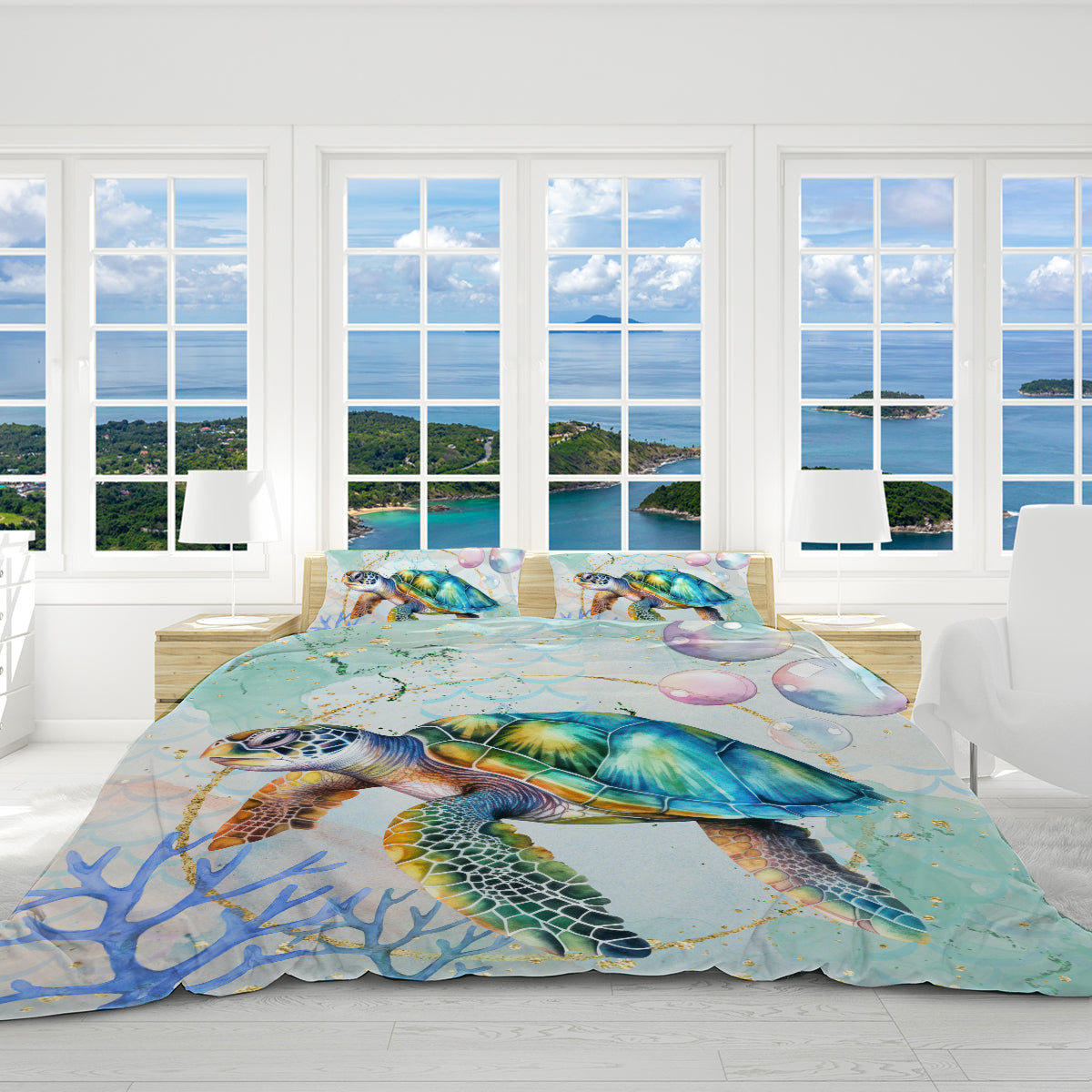 Reversible Sea Turtle Bedspread Set - Ocean Themed King/Queen/Full Size Comforter Cover - Perfect for Beach House, Kids Room & Coastal Decor