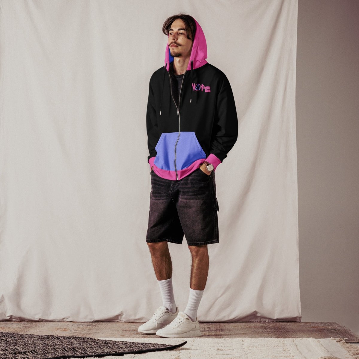 Graffiti Sobriety Symbol & 'Nope' Unisex Zip Hoodie - Pink & Blue Pullover for Streetwear, Casual Outfits & Urban Fashion