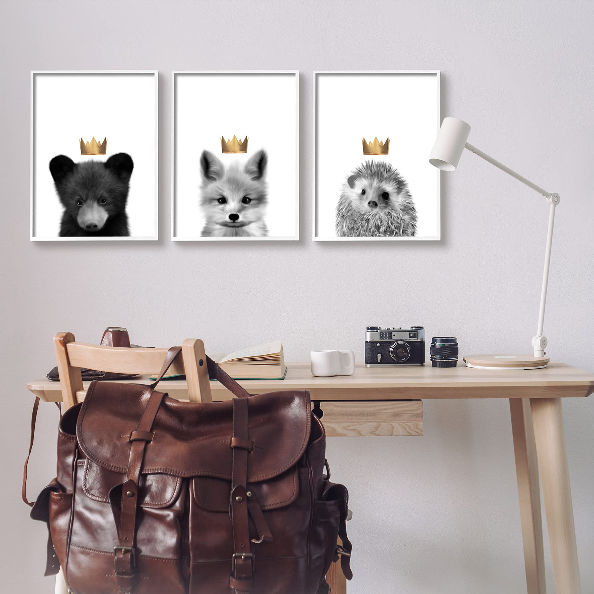 Stupell Industries Woodland Animals Bold Crowns Wall Art Set - Black Bear, Fox & Hedgehog by Leah Straatsma, White Framed 3-Piece Decor (16