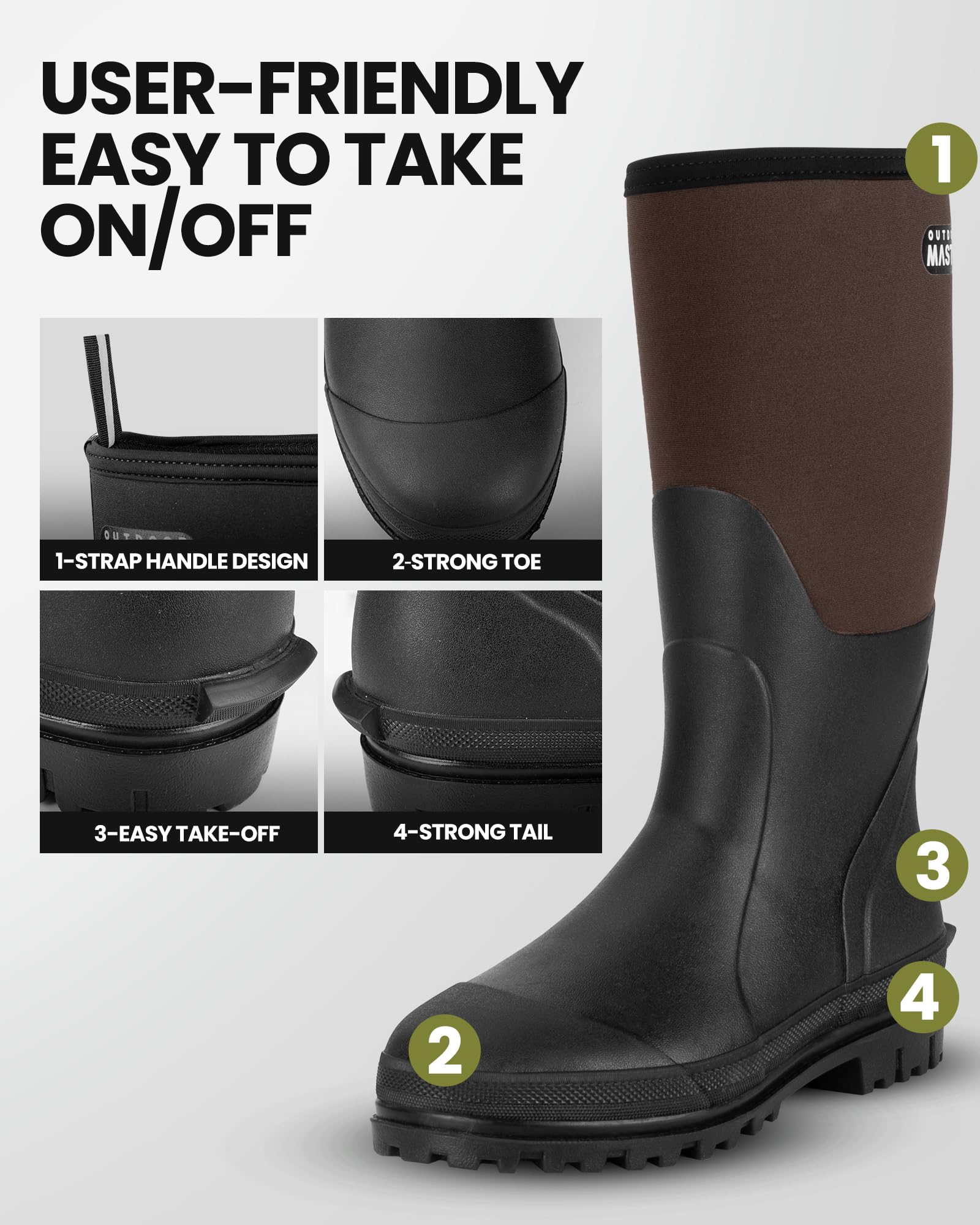 OutdoorMaster Men's Waterproof Hunting Boots - Insulated Rubber Neoprene Boots with Anti-Slip Sole for Winter Hunting, Fishing & Outdoor Adventures