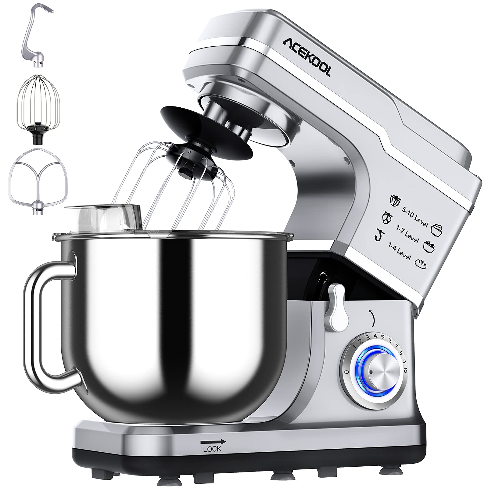 7.5QT 10-Speed 660W Tilt-Head Stand Mixer - Professional Kitchen Electric Food & Cake Mixer with Stainless Steel Bowl, Whisk, Dough Hook, Beater & Splash Guard (Silver) - Perfect for Baking Cakes, Cookies, Bread & Pastries at Home
