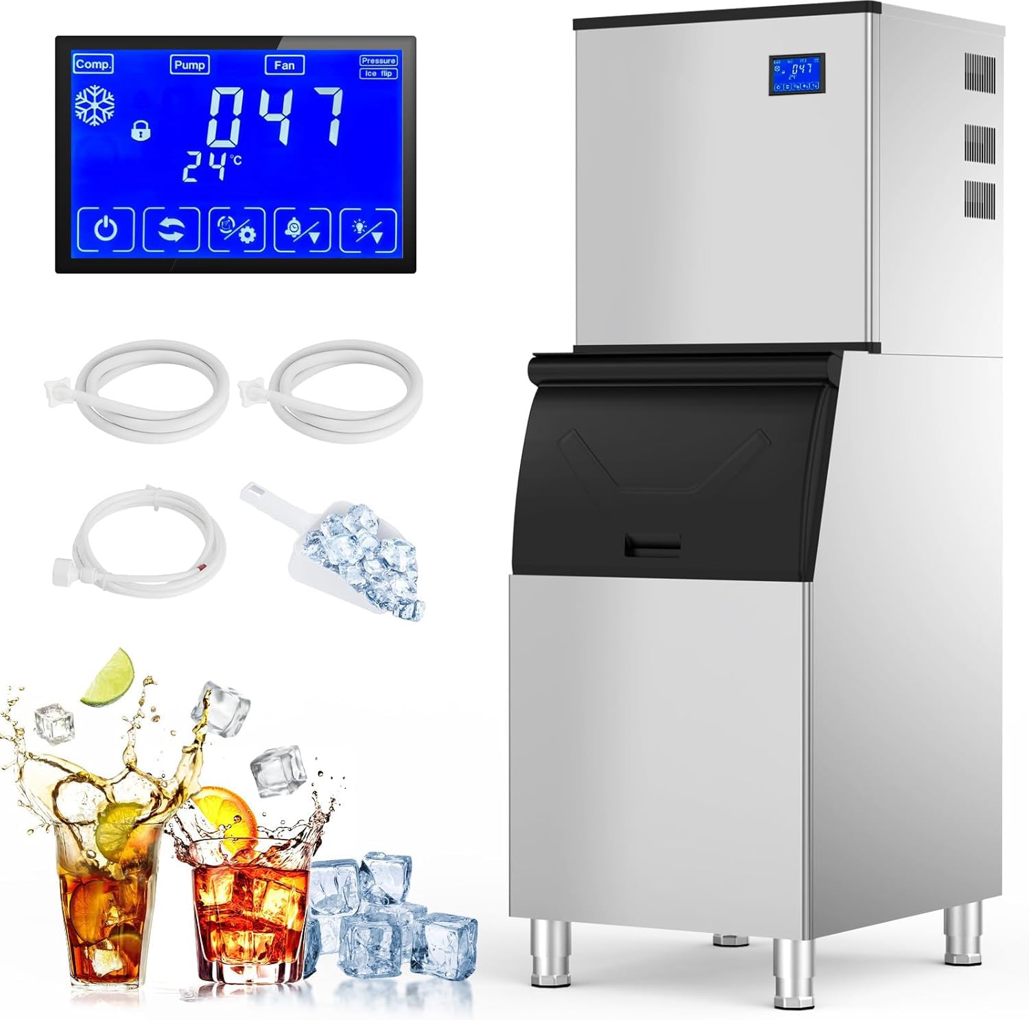 Commercial Ice Maker Machine 350Lbs/24H with 250Lbs Storage Bin - Heavy Duty Pro Compressor, ETL Certified, 700W Auto Self-Cleaning Stainless Steel Ice Machine for Bars, Restaurants, Cafes & Commercial Use - Perfect for High Volume Beverage Service & Food Preservation
