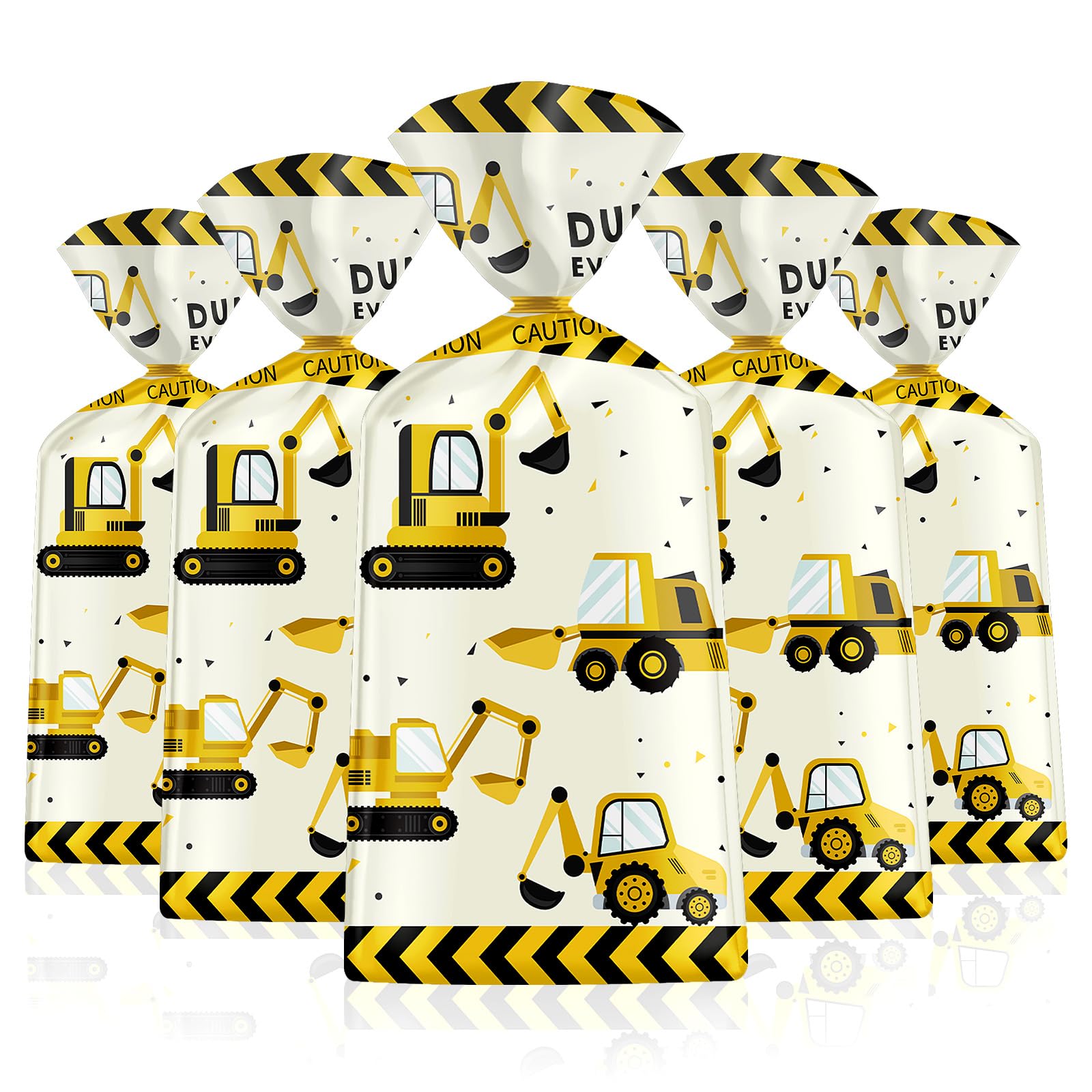 50 Pack Construction Party Favor Bags - Heavy Duty Truck Themed Cellophane Goodie Bags with Gold Twist Ties for Kids Birthday Party, Baby Shower & School Events | Construction Theme Treat Bags for Candy, Snacks & Small Gifts