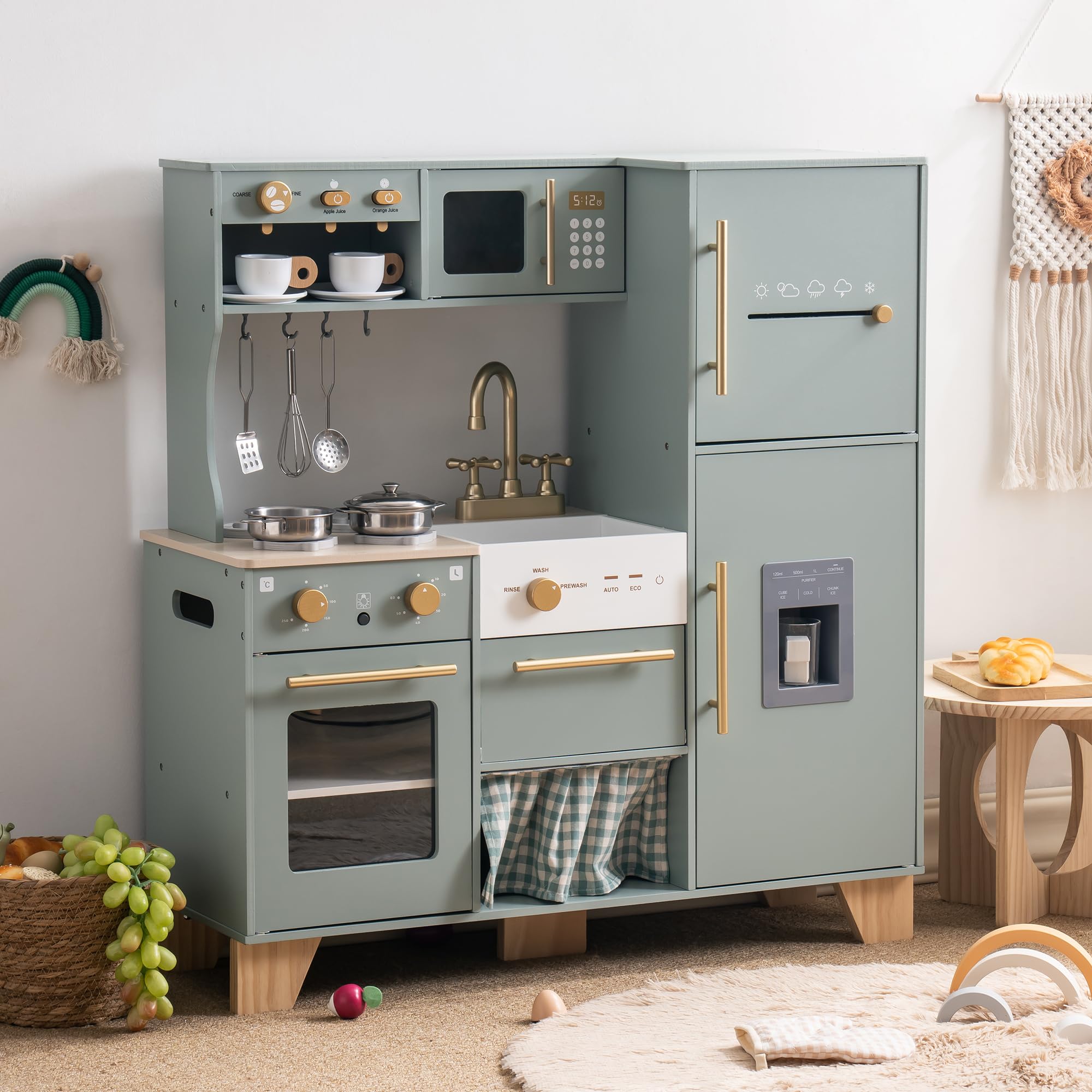 ROBUD Wooden Play Kitchen Set for Kids - Pretend Play Toy with Ice Maker, Refrigerator, Coffee Machine, Oven, Dishwasher & Microwave - Complete Kitchen Accessories - Educational Gift for Boys & Girls Ages 3+ - Perfect for Imaginative Play, Role-Playing & Early Learning Development