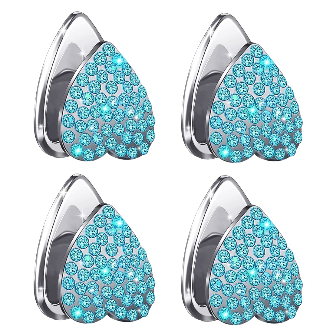 MTGOCHA 4Pack Bling Car Mini Hooks - Rhinestone Adhesive Mask Holder & Key Hanger for Car Dashboard - Cute Heart-Shaped Sticky Hooks for Wall Hanging (Lake Blue) - Perfect for Organizing Masks, Keys & Small Items in Car or Home
