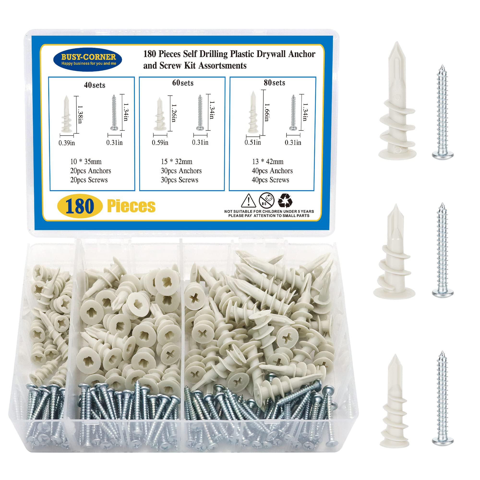 180-Piece Nylon Plastic Drywall Anchors Kit - Self-Drilling Wall Anchors for Hollow Walls, Heavy Duty & Sturdy Drywall Fasteners - Perfect for Hanging Pictures, Shelves & Home Decor