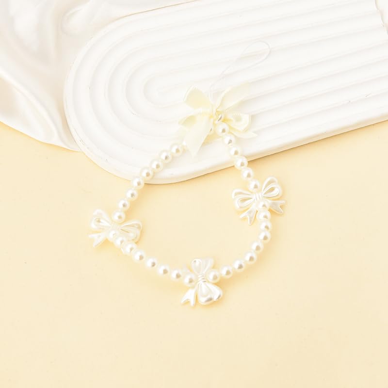 Bow Pearl Phone Charm | Beaded Phone Lanyard & Wrist Strap | White Bead Anti-Lost Phone Chain for Women & Girls | Long Pearl Lanyard for Phone Case | Perfect for Daily Use, Parties & Gifts