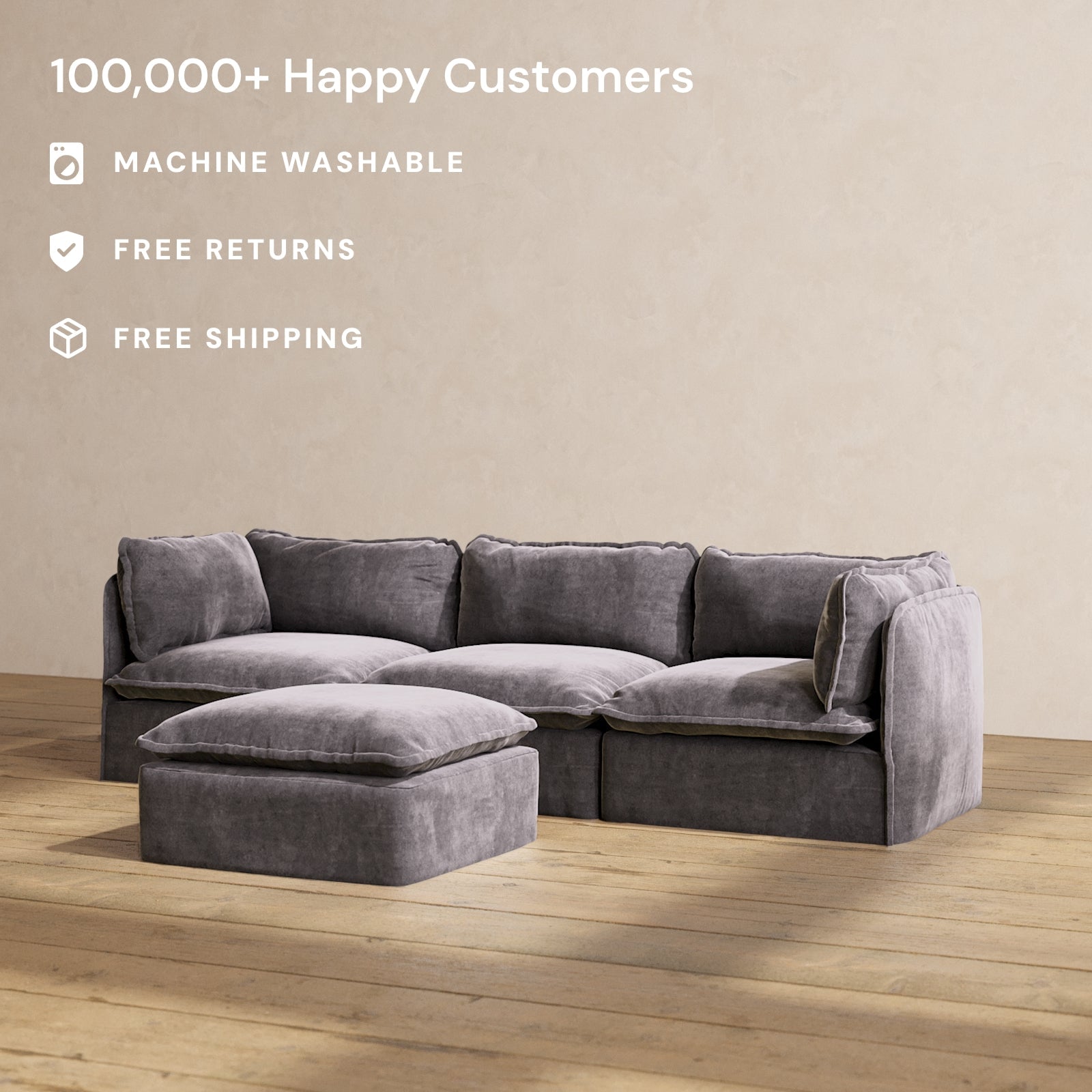 Premium Modular Performance 3-Seater Sofa with Ottoman in Cinder | Deluxe Blend Fabric | Perfect for Living Room, Home Theater & Lounge Areas