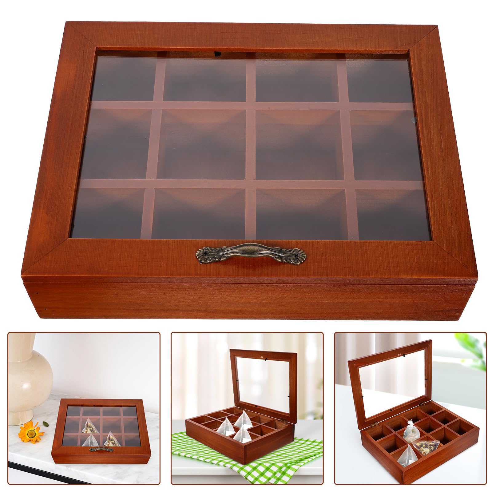Premium Wooden Tea Box Organizer with Acrylic Window Lid - 12 Compartment Tea Bag Storage Chest for Coffee, Sugar, Sweeteners & Creamer (10.24 x 7.68 x 2.36 Inches) - Perfect for Kitchen Countertop, Pantry Organization & Gift Giving