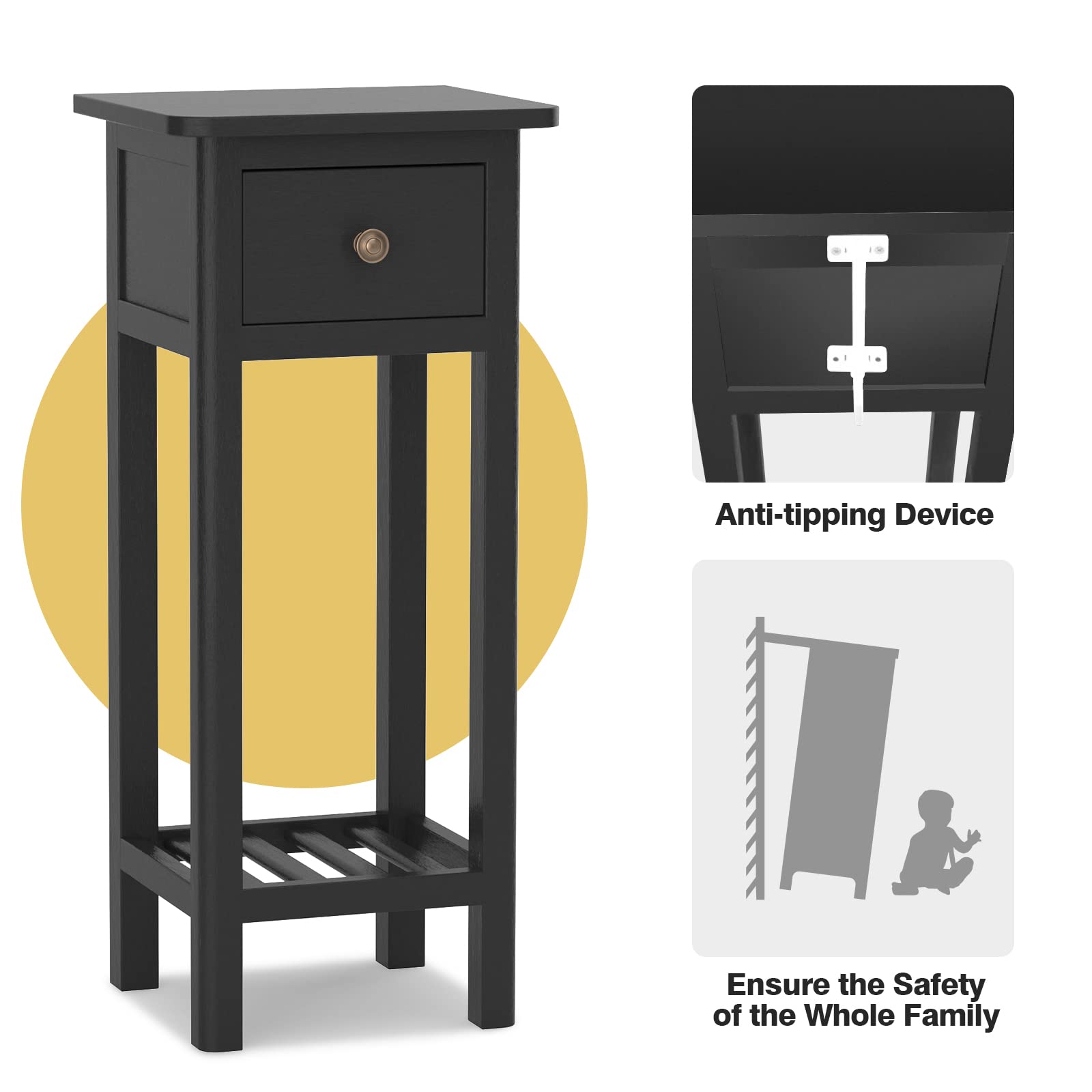 GORELAX Narrow End Table - Tall Nightstand with Drawer & Shelf, Slim Small Bedside Table with Anti-Tipping Device, No Assembly Required, Wooden Side Table for Small Spaces - Perfect for Living Room, Bedroom, Office or Dorm (Black)