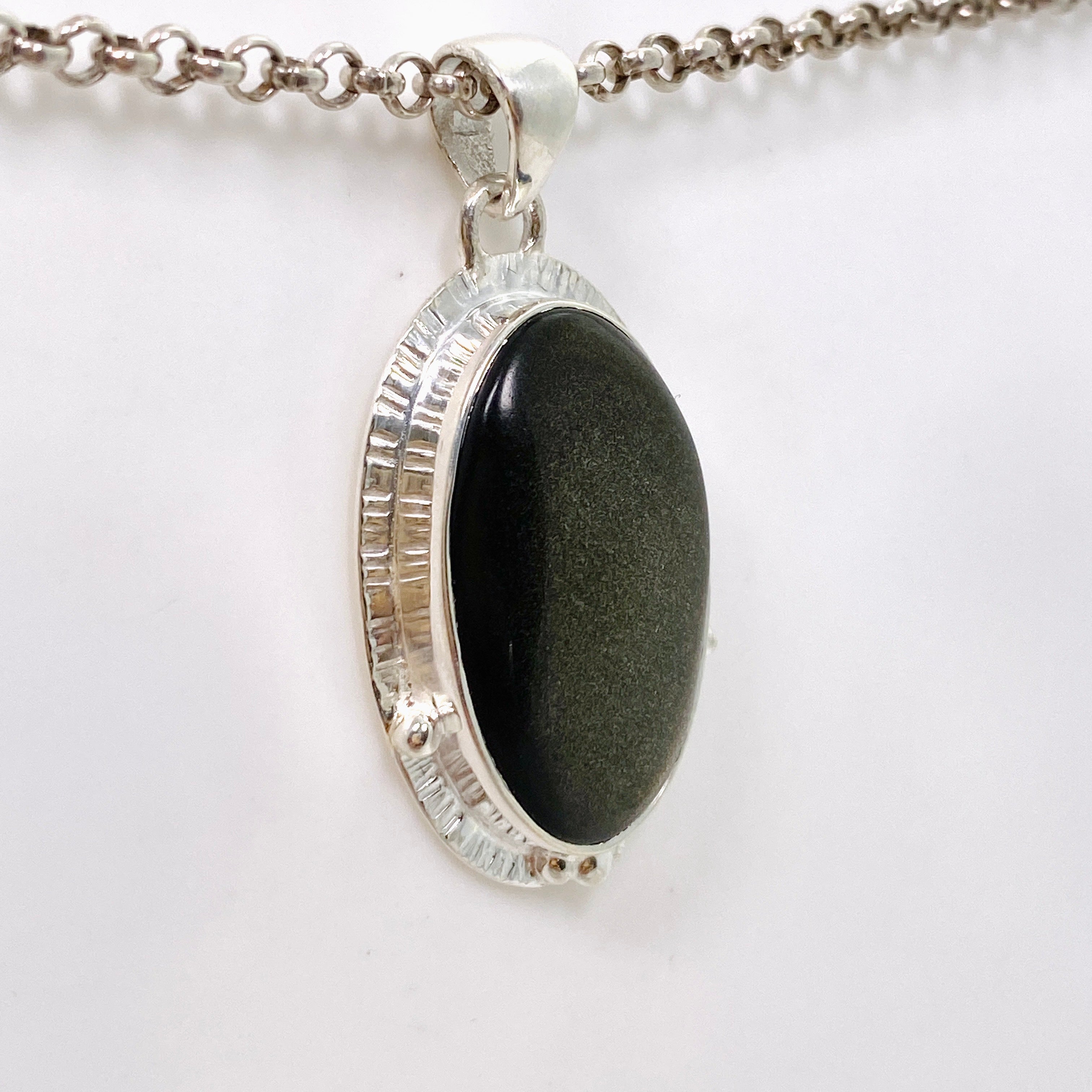 Goldsheen Obsidian Oval Cabochon Pendant - Handcrafted Jewelry with Decorative Silver Setting KPGJ4757 | Perfect for Meditation, Energy Healing & Boho Fashion