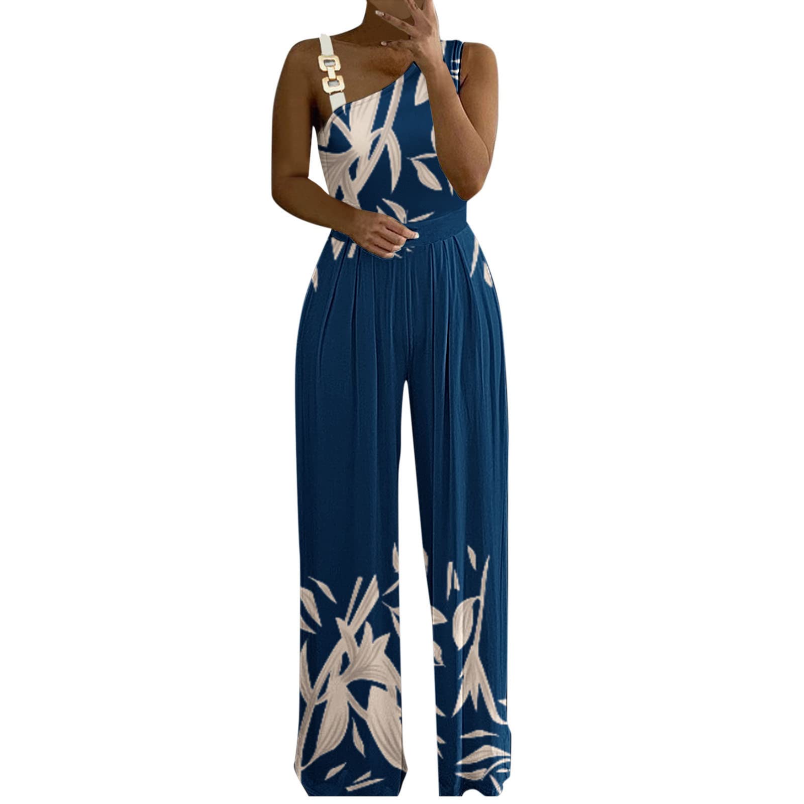 GTMANG Women's Sexy Metal Button Tank Top Romper - High Waist Wide Leg Jumpsuit with Long Sleeves & Stylish Print | Perfect for Date Night, Club Outfits & Summer Fashion