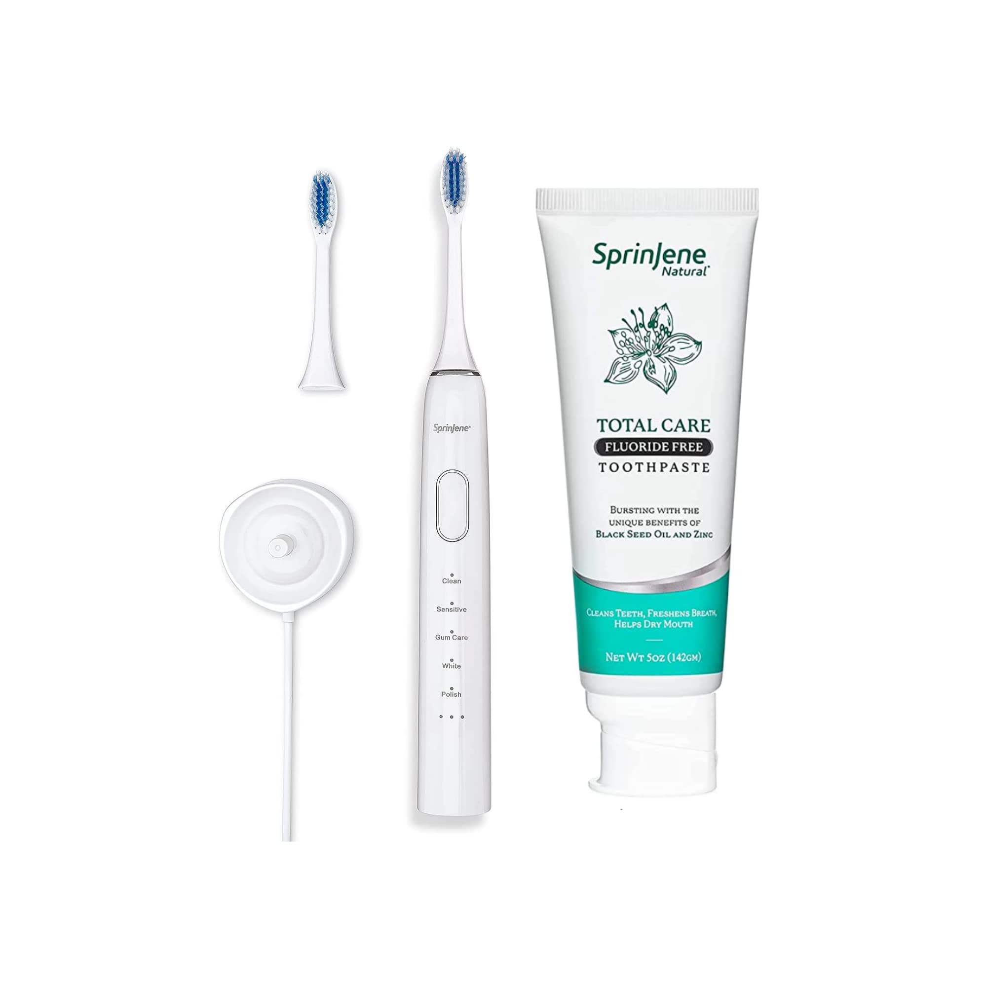 **SprinJene Natural Sonic Electric Toothbrush & Fluoride-Free Toothpaste Set – Vegan, Dye-Free, SLS-Free for Clean Teeth, Healthy Gums & Fresh Breath – Ideal for Sensitive Teeth & Dry Mouth Relief – Perfect for Home & Travel Use**