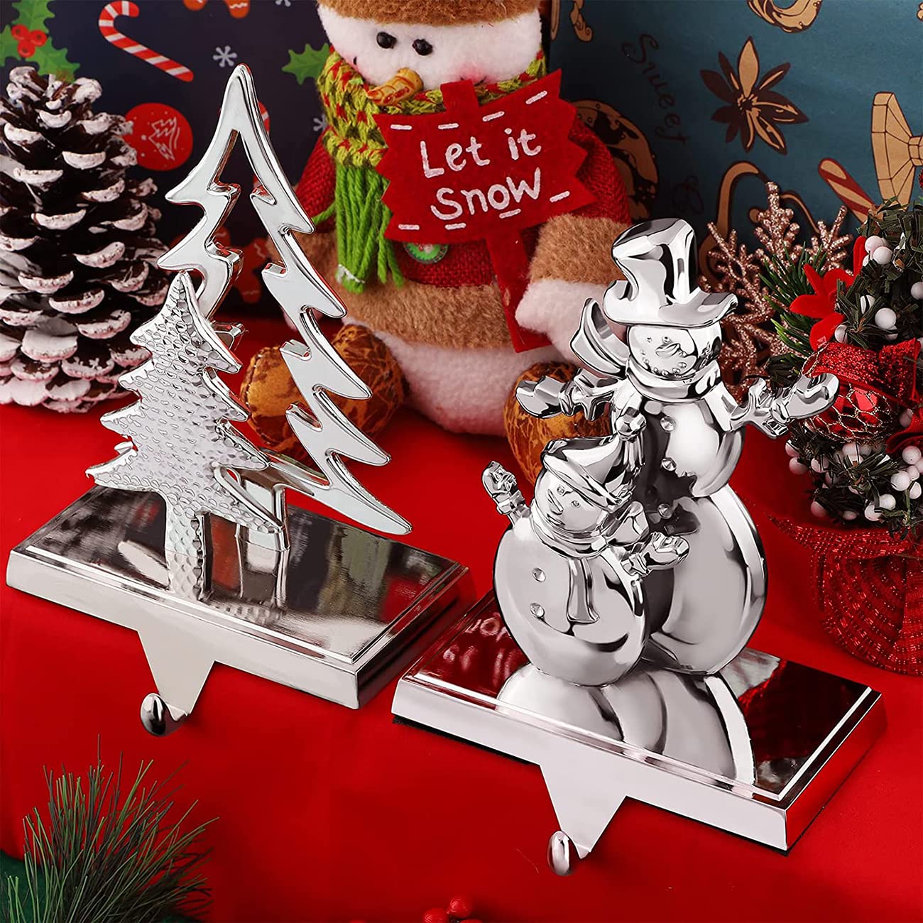 4 Pack Christmas Stocking Holders for Mantel - Snowflake, Snowman, Reindeer & Tree Hangers - Silver Fireplace Stocking Hooks for Holiday Decor (Perfect for Christmas Mantel Decorations & Gift Hanging)