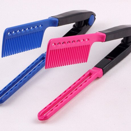 Professional V-Shaped Hair Straightening Comb - Detangling & Styling Flat Iron Comb for Knotty, Unkempt & Frizzy Hair (Blue) | Perfect for Home Use, Travel & Salon Styling