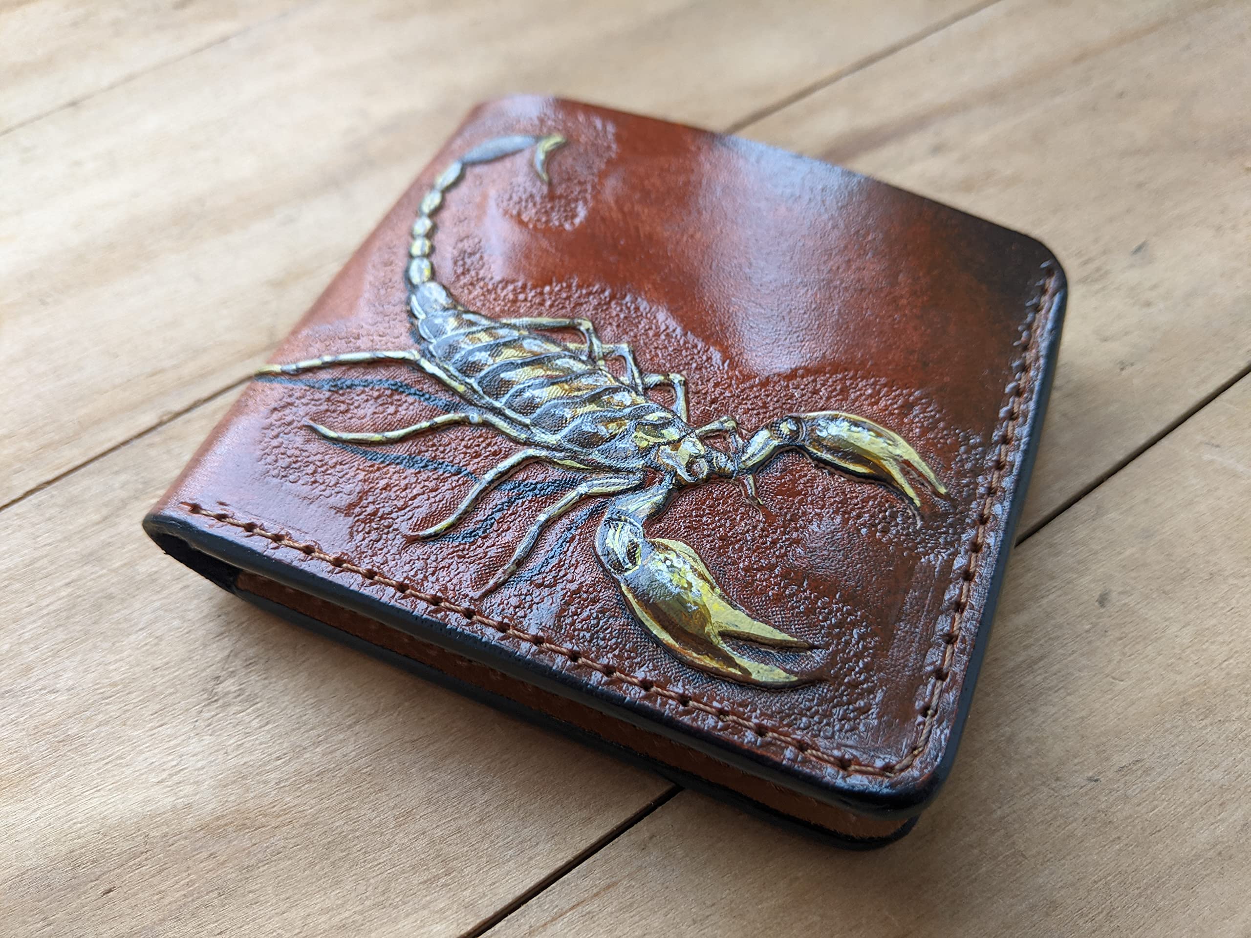 3D Genuine Leather Scorpion Men's Bifold Wallet - Handmade Carved & Tooled Airbrush Art Custom Personalized Wallet for Everyday Use & Gift Giving