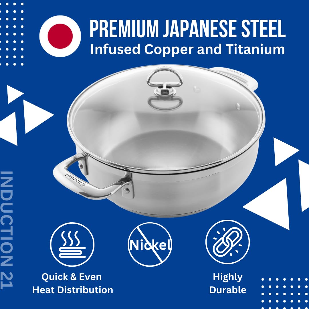 Chantal Induction 21 Stainless Steel 5-Quart Chef's Pan with Tempered Glass Lid - Brushed Stainless Steel Cookware for Professional & Home Kitchens - Perfect for Sautéing, Braising & Slow Cooking