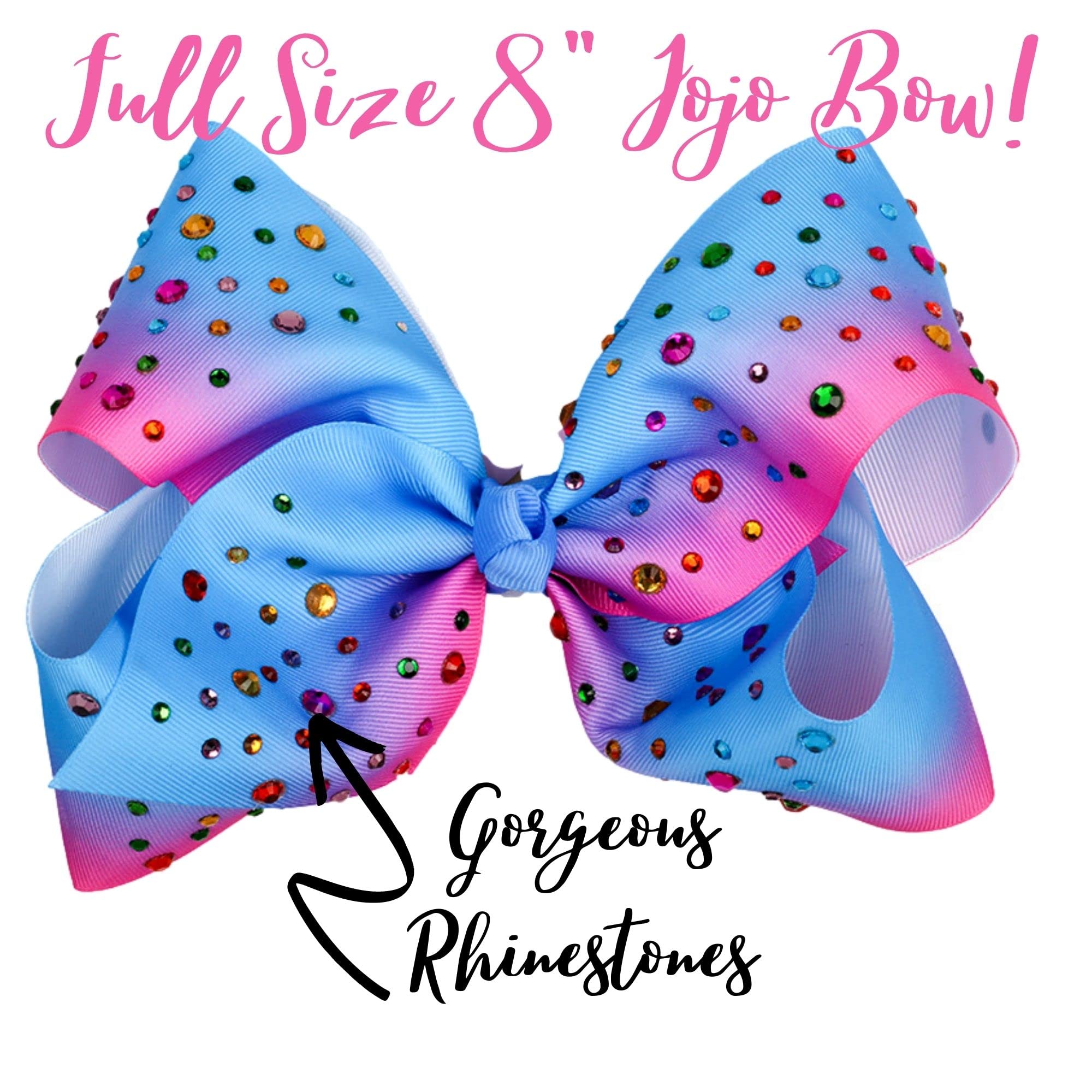 Sparkling Rhinestone Hair Bow Clip - 8 Inch Large Fashion Hair Accessories for Girls & Toddlers (Blue, Sky Blue, Pink, Rainbow) - Perfect for Cheerleading, Parties, Weddings & Everyday Wear