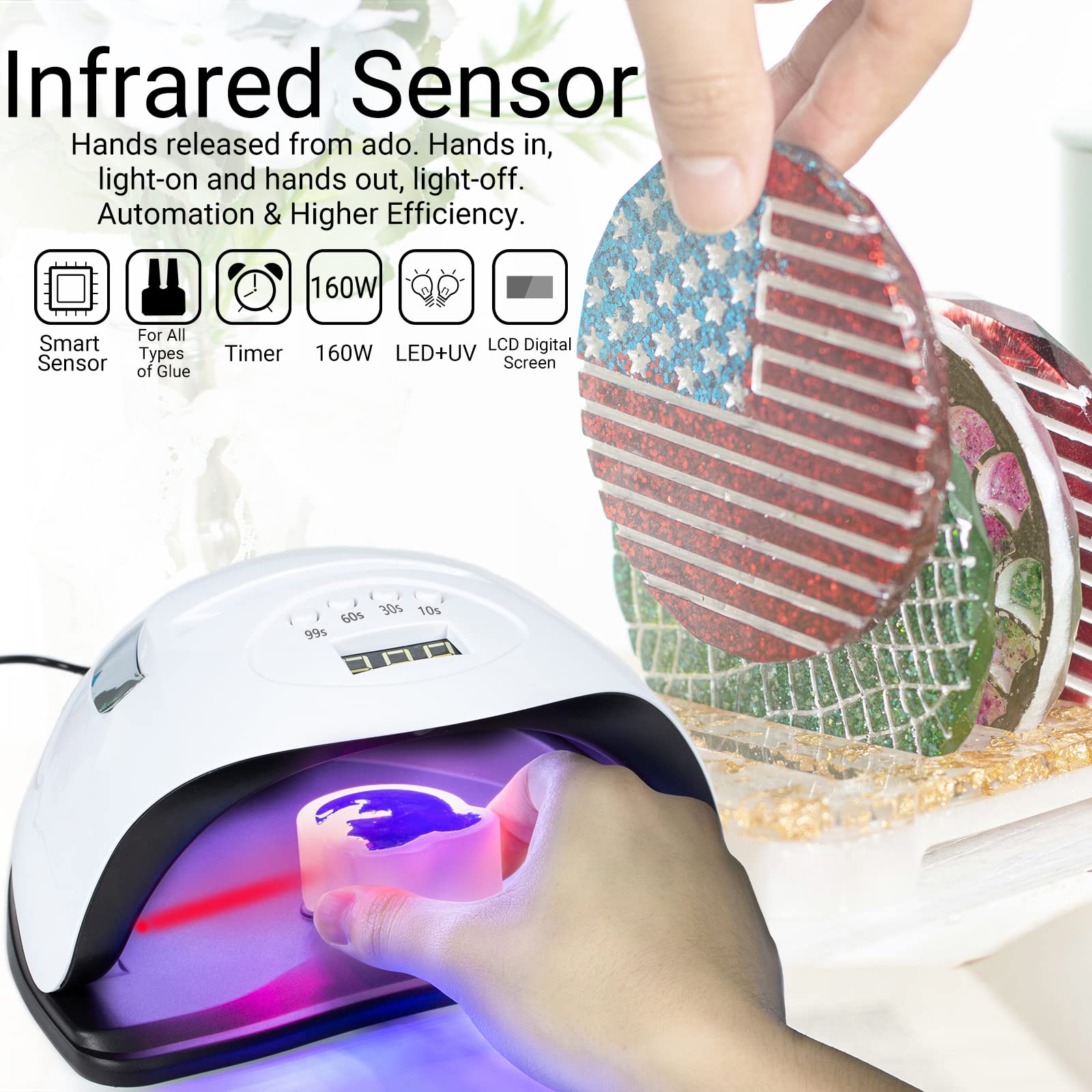 FUNSHOWCASE 160W LED UV Lamp for Resin Curing & Gel Nail Polish - 4 Timer Settings with Auto Sensor - Perfect for Jewelry Making, DIY Crafts, and Professional Nail Salons