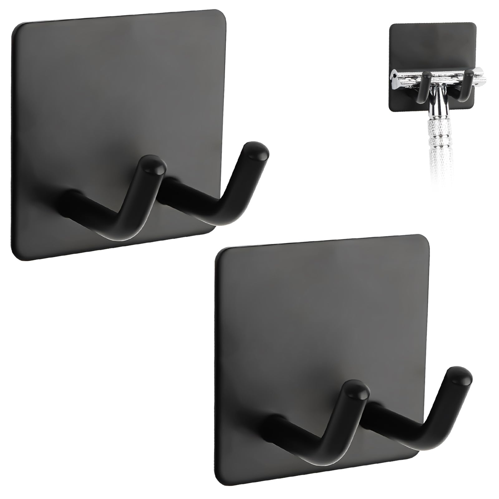 Linkidea 2-Pack Self-Adhesive Razor Holder for Shower - Wall Mount Shaver Hooks Compatible with Gillette Venus Platinum, Fusion 5 Proshield & Mach 3 Classic - Bathroom Organizer (Black) - Perfect for Shower Storage & Razor Organization