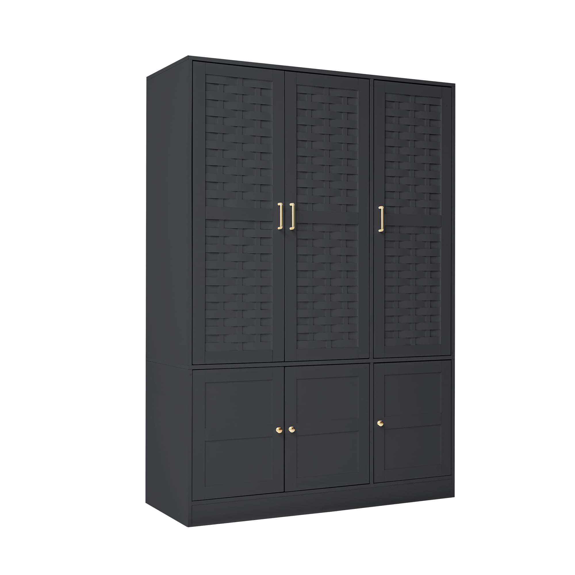 Large Wooden Armoire Wardrobe with 6 Woven Doors & 8 Shelves - Spacious Storage Cabinet with Metal Handles & Hanging Rod for Bedroom, Closet or Living Room Organization (Black)