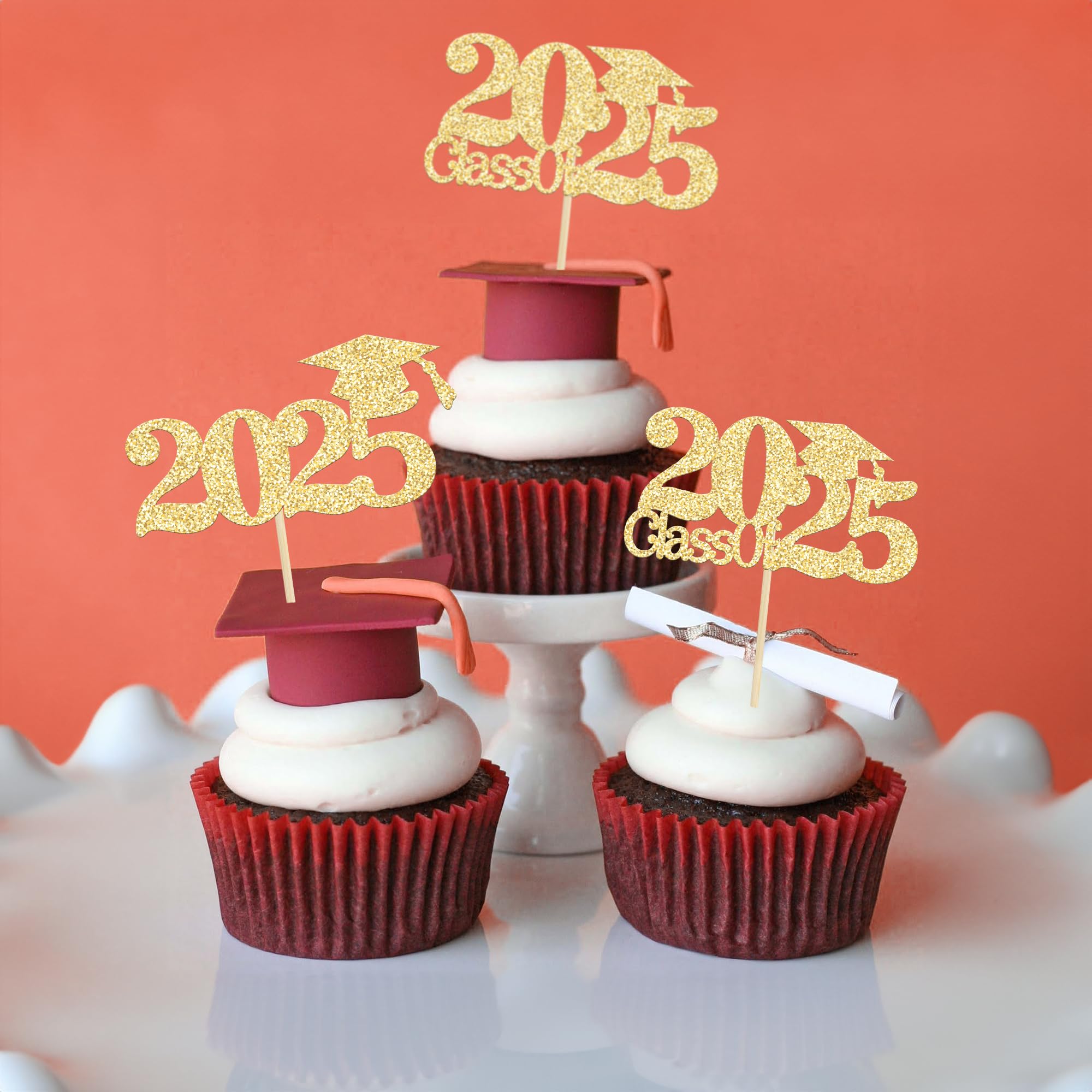 24Pcs Gold Glitter 2025 Graduation Cupcake Toppers - Class of 2025 Cake Decorations for Graduation Party Supplies | Perfect for High School & College Graduation Celebrations, Birthday Cakes, and Dessert Table Decor