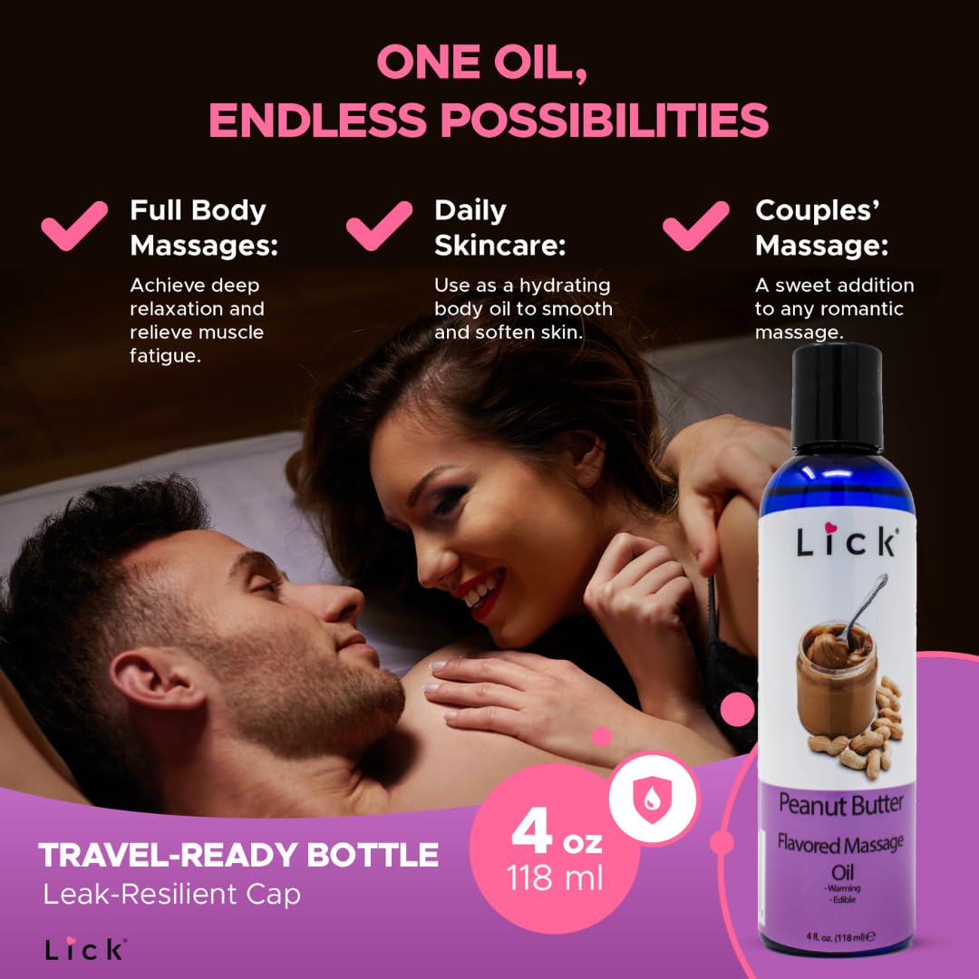 Peanut Butter Flavored Massage Oil with Vitamin E, Coconut & Sweet Almond Oil - Edible & Safe for Couples, Nuru & Yoni Massage - 4oz | Perfect for Romantic Date Nights & Sensual Massage Therapy