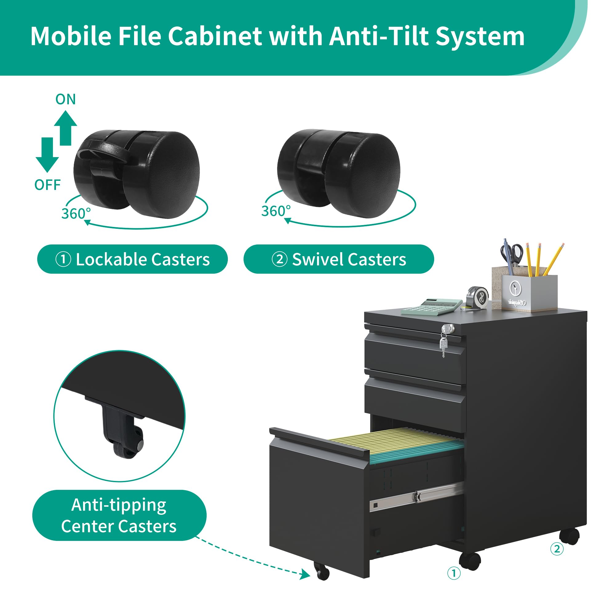 3-Drawer Rolling File Cabinet with Lock - Fully Assembled Metal Under Desk Organizer for Home & Office - Stores Letter, Legal & A4 Documents (Black) - Perfect for Small Spaces & Clutter-Free Workspaces