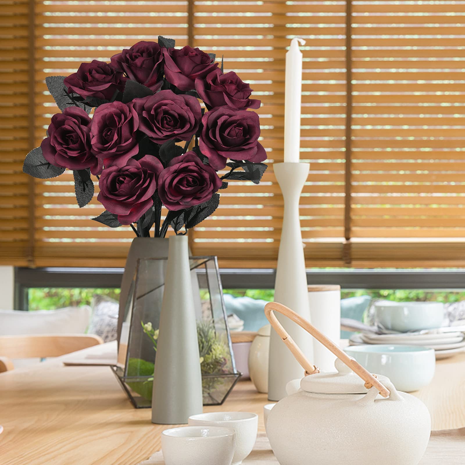 Artflower 10 Pack Artificial Silk Roses Bouquet - 16'' Long Stem Wine Red Lifelike Fake Flowers for Christmas, Wedding, Birthday Party Decor | Perfect for Table Centerpieces, Home Decoration & Gift Giving