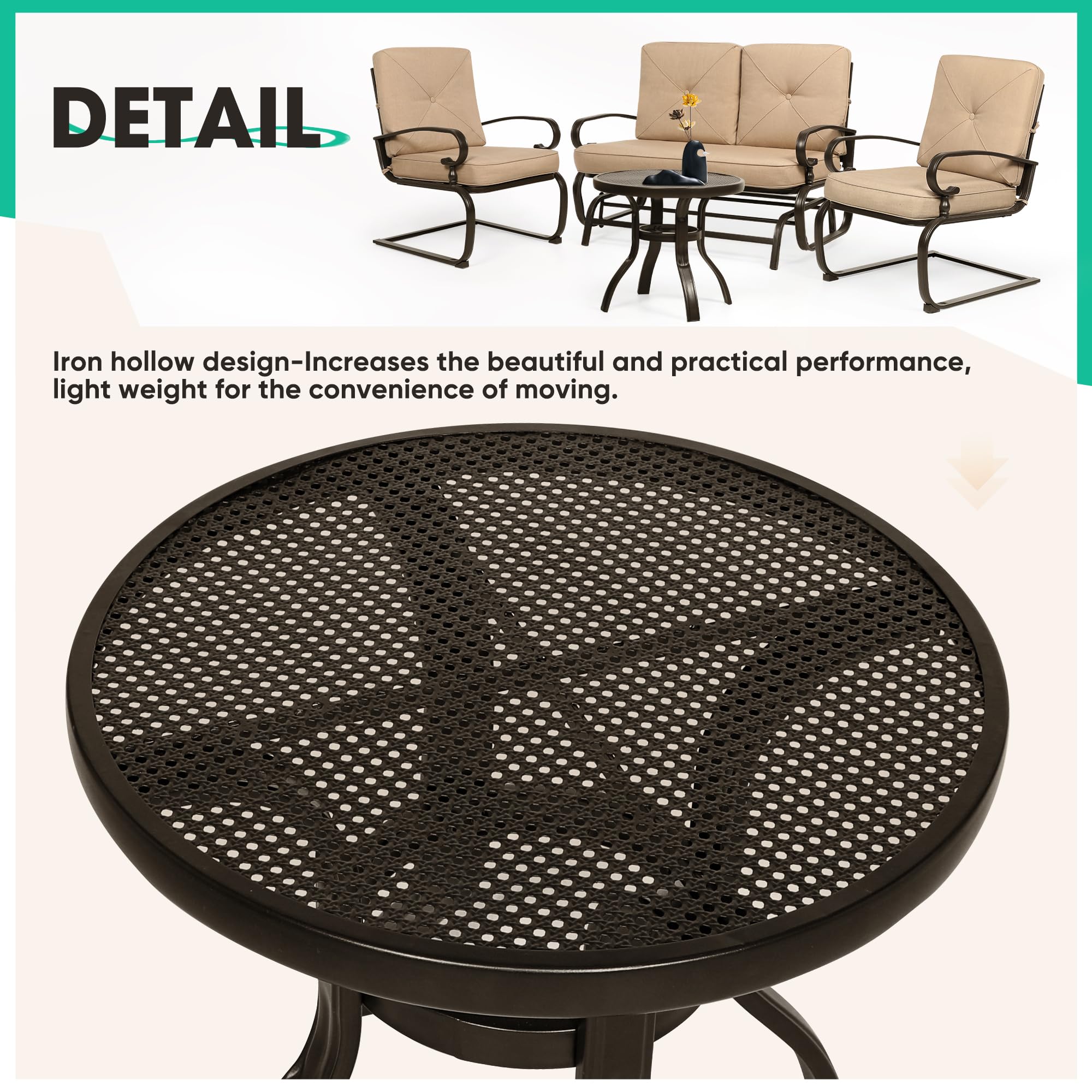 4Pcs Outdoor Metal Patio Furniture Set - Wrought Iron Glider, Bistro Table & 2 Spring Lounge Chairs (Brown) - Perfect for Garden, Backyard & Porch Relaxation