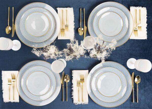 32-Piece Transparent White & Gold Hammered Plastic Dinnerware Set - Round Plates & Bowls (Serves 16) - Elegant & Durable for Parties, Weddings, and Everyday Dining