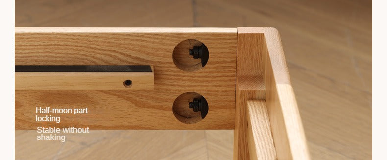 Solid Oak and Beech Wood Bed with Built-in LED Lights and Bookshelf - Modern Bedroom Furniture for Small Spaces, Lofts, and Studio Apartments