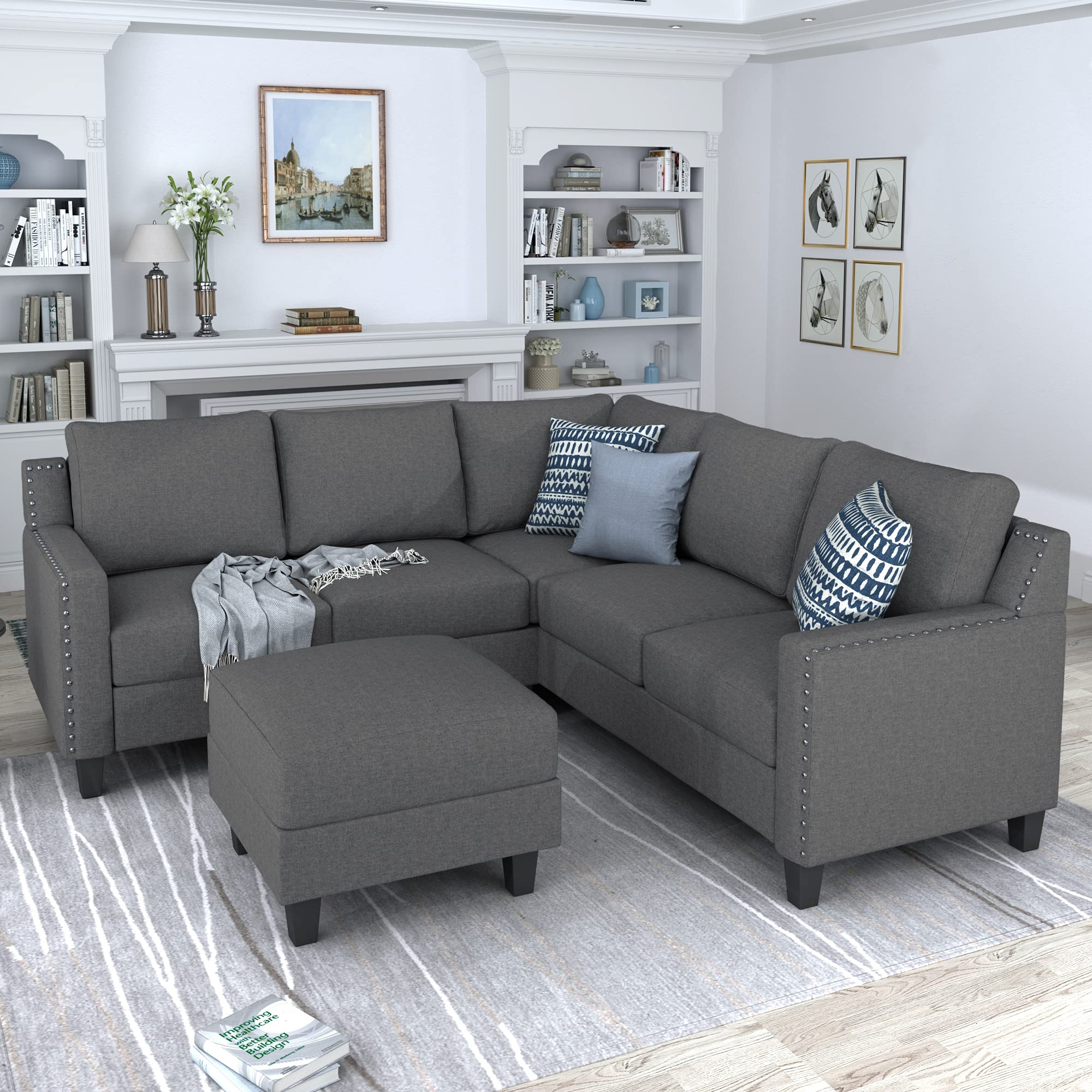 5-Piece Grey L-Shaped Sectional Sofa with Ottoman - Modern Corner Couch Set for Living Room, Family Room & Small Spaces - Comfortable Fabric Sectional Furniture for Home Theater, Lounge & Apartment Living