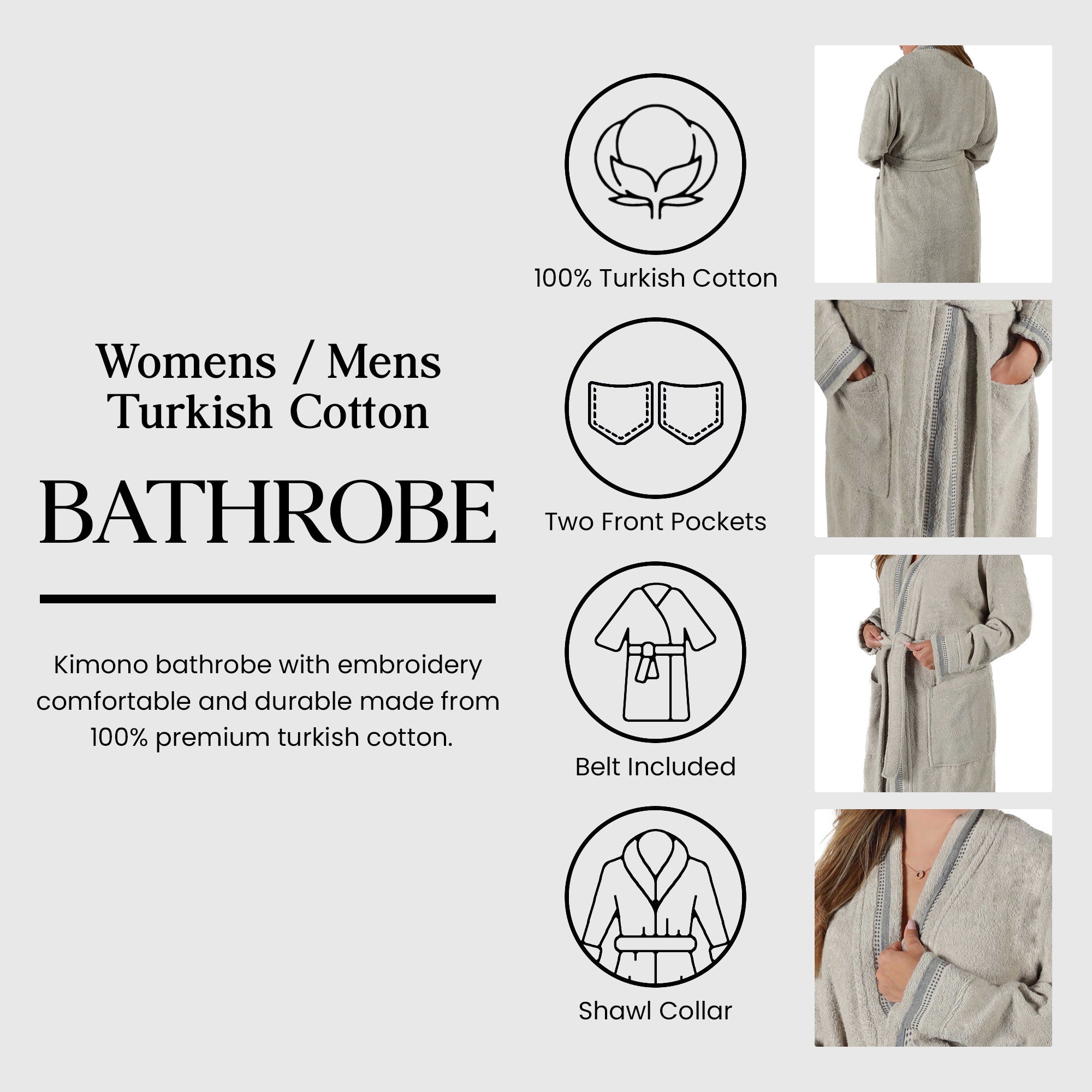 Unisex Cotton Terry Kimono Bathrobe with Embroidery - Soft & Absorbent for Spa, Beach & Home Relaxation