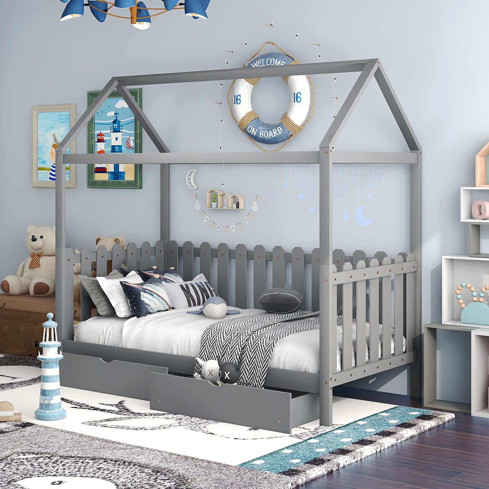 Modern Twin Size Wood House Platform Bed with 6 Drawers - Low Floor Daybed with Fence-Shaped Guardrail, No Box Spring Needed Sofa Bed (Gray) - Perfect for Small Spaces, Kids Rooms & Guest Bedrooms